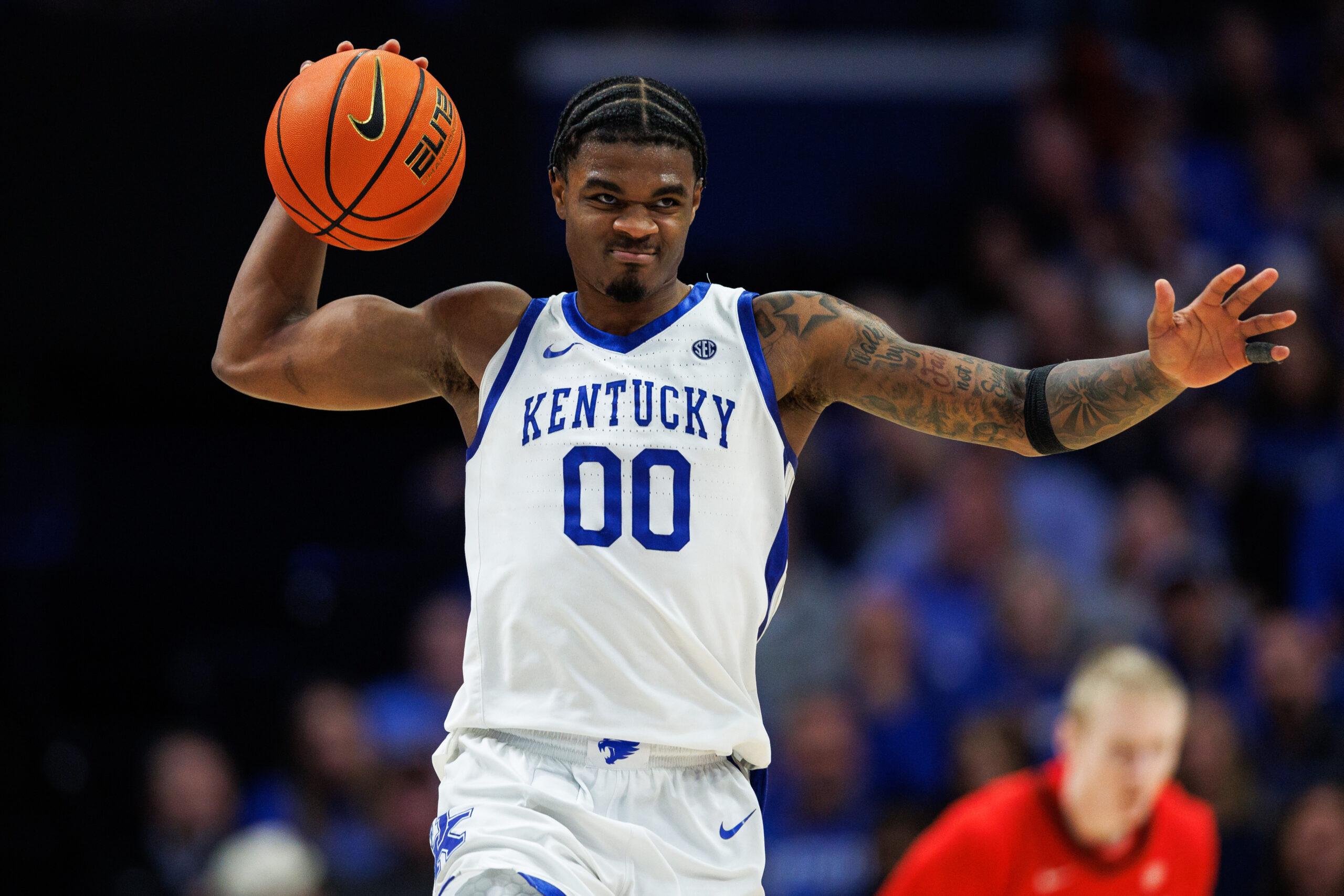 Feb 17, 2026; Lexington, Kentucky, USA; Kentucky Wildcats guard Otega Oweh (00) reacts after a possession during the second half against the Georgia Bulldogs at Rupp Arena at Central Bank Center. Mandatory Credit: Jordan Prather-Imagn Images