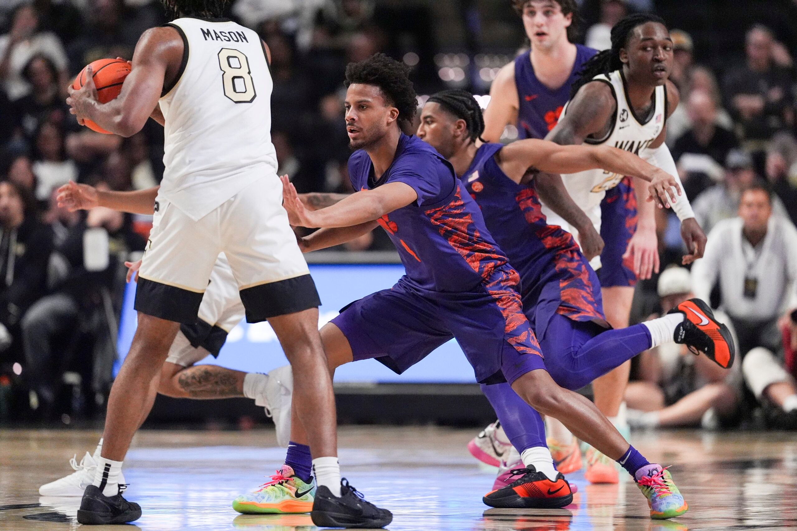 Feb 18, 2026; Winston-Salem, North Carolina, USA; Wake Forest Demon Deacons guard Mekhi Mason (8) handles the ball during the second half at Lawrence Joel Veterans Memorial Coliseum. Mandatory Credit: Jim Dedmon-Imagn Images