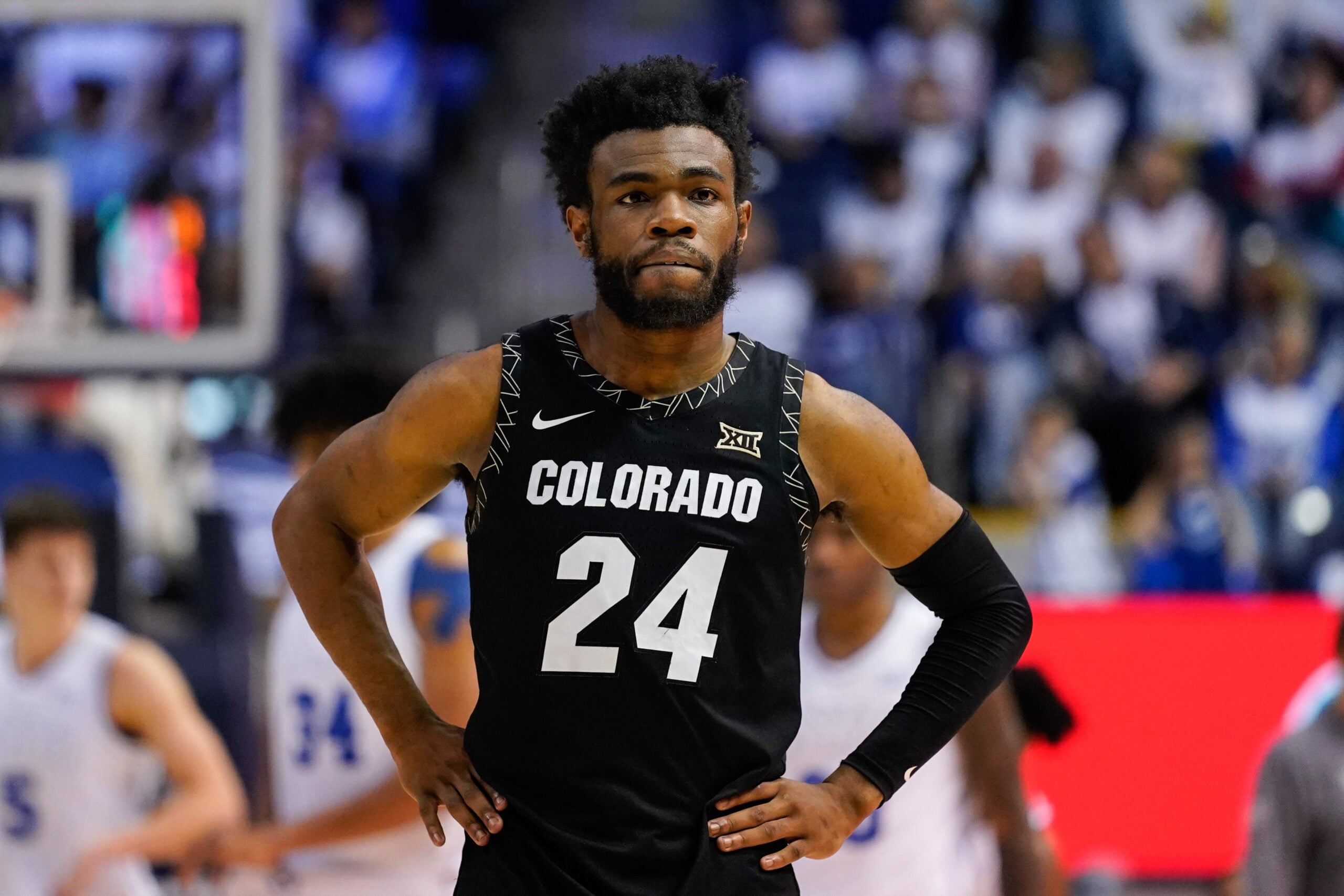 Feb 14, 2026; Provo, Utah, USA; Colorado Buffaloes guard Barrington Hargress (24) looks on during the second half against the BYU Cougars at the Marriott Center. Mandatory Credit: Aaron Baker-Imagn Images