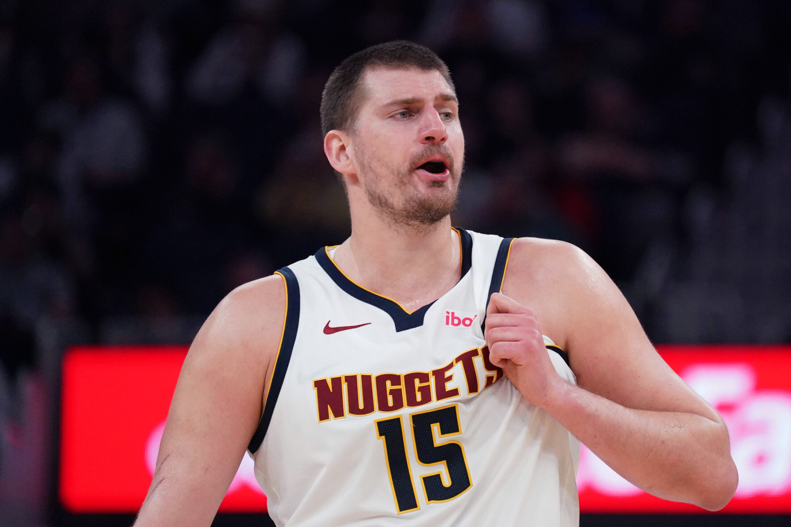 Feb 22, 2026; San Francisco, California, USA; Denver Nuggets center Nikola Jokic (15) complains to an official during a game against the Golden State Warriors in the third quarter at Chase Center. Mandatory Credit: David Gonzales-Imagn Images
