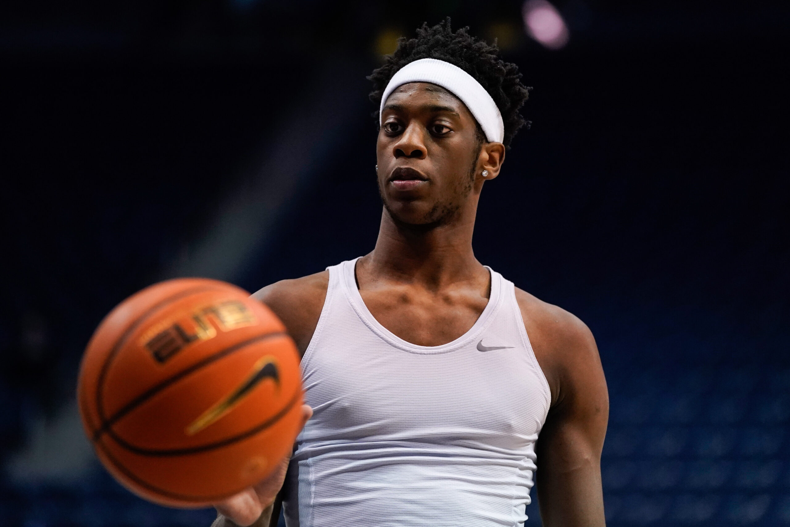 Feb 21, 2026; Provo, Utah, USA; BYU Cougars forward AJ Dybantsa (3) warms up prior to a game between the BYU Cougars and the Iowa State Cyclones at Marriott Center. Mandatory Credit: Aaron Baker-Imagn Images