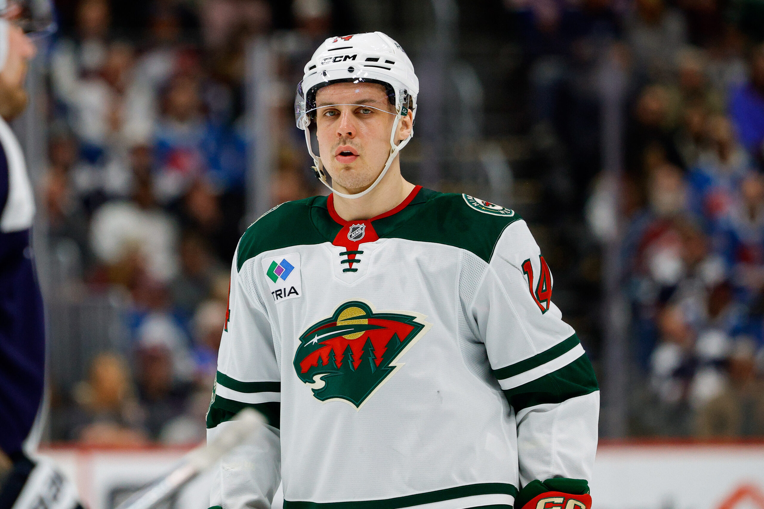Feb 26, 2026; Denver, Colorado, USA; Minnesota Wild center Joel Eriksson Ek (14) in the first period against the Colorado Avalanche at Ball Arena. Mandatory Credit: Isaiah J. Downing-Imagn Images