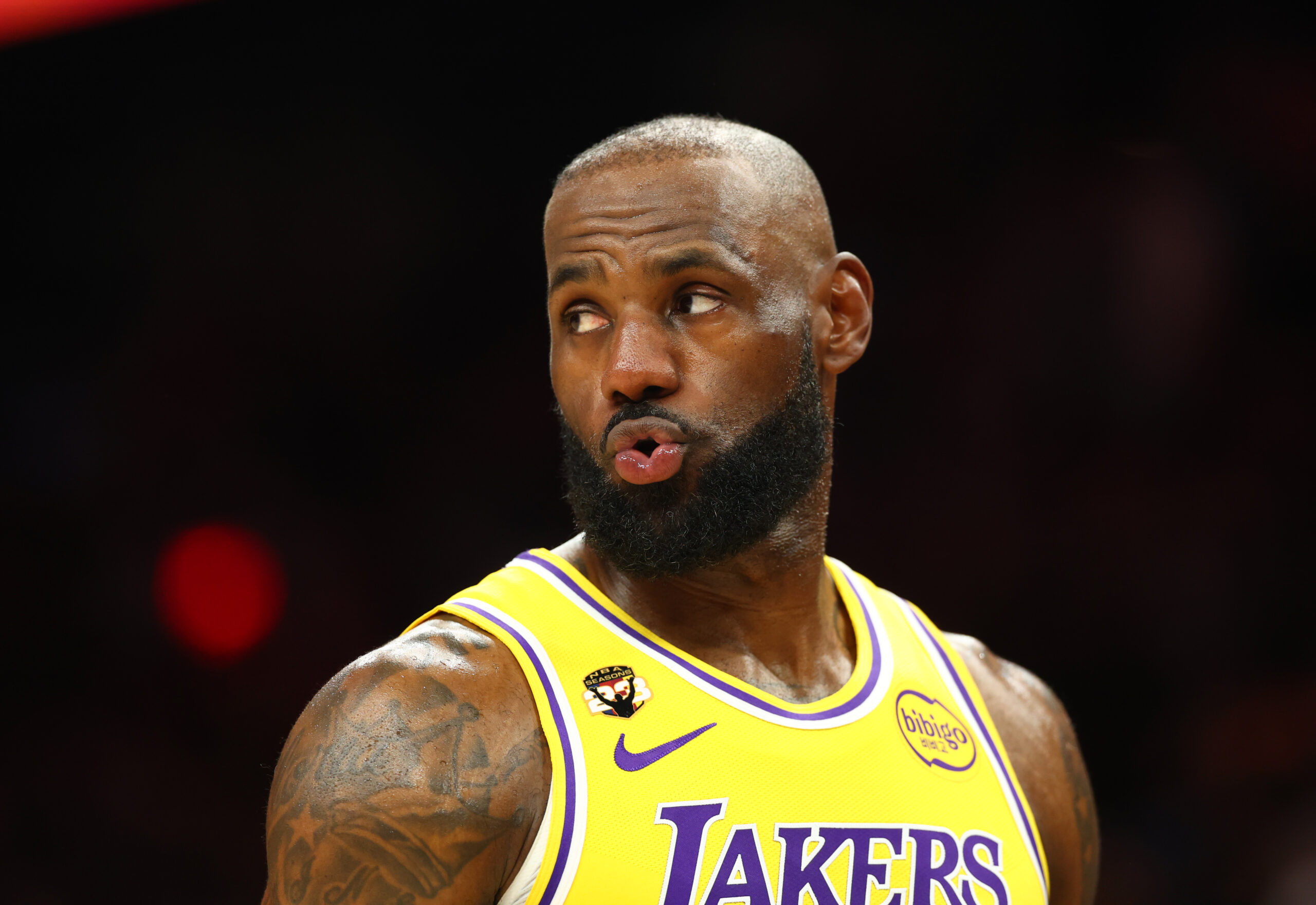 Feb 26, 2026; Phoenix, Arizona, USA; Los Angeles Lakers forward LeBron James (23) against the Phoenix Suns in the second half at Mortgage Matchup Center. Mandatory Credit: Mark J. Rebilas-Imagn Images