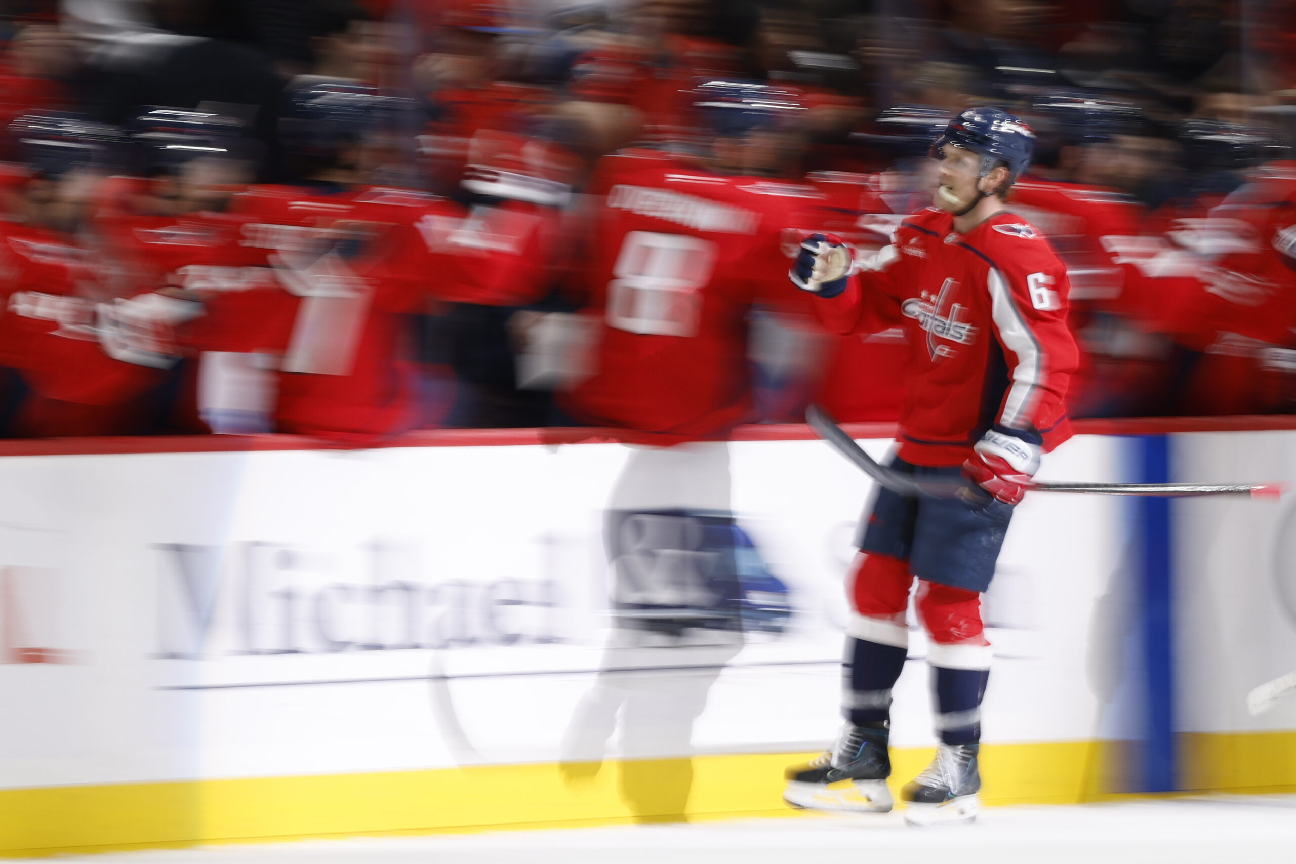 Feb 27, 2026; Washington, District of Columbia, USA; Washington Capitals defenseman Jakob Chychrun (6) celebrates with teammates after scoring a goal against the Vegas Golden Knights during the second period at Capital One Arena. Mandatory Credit: Geoff Burke-Imagn Images