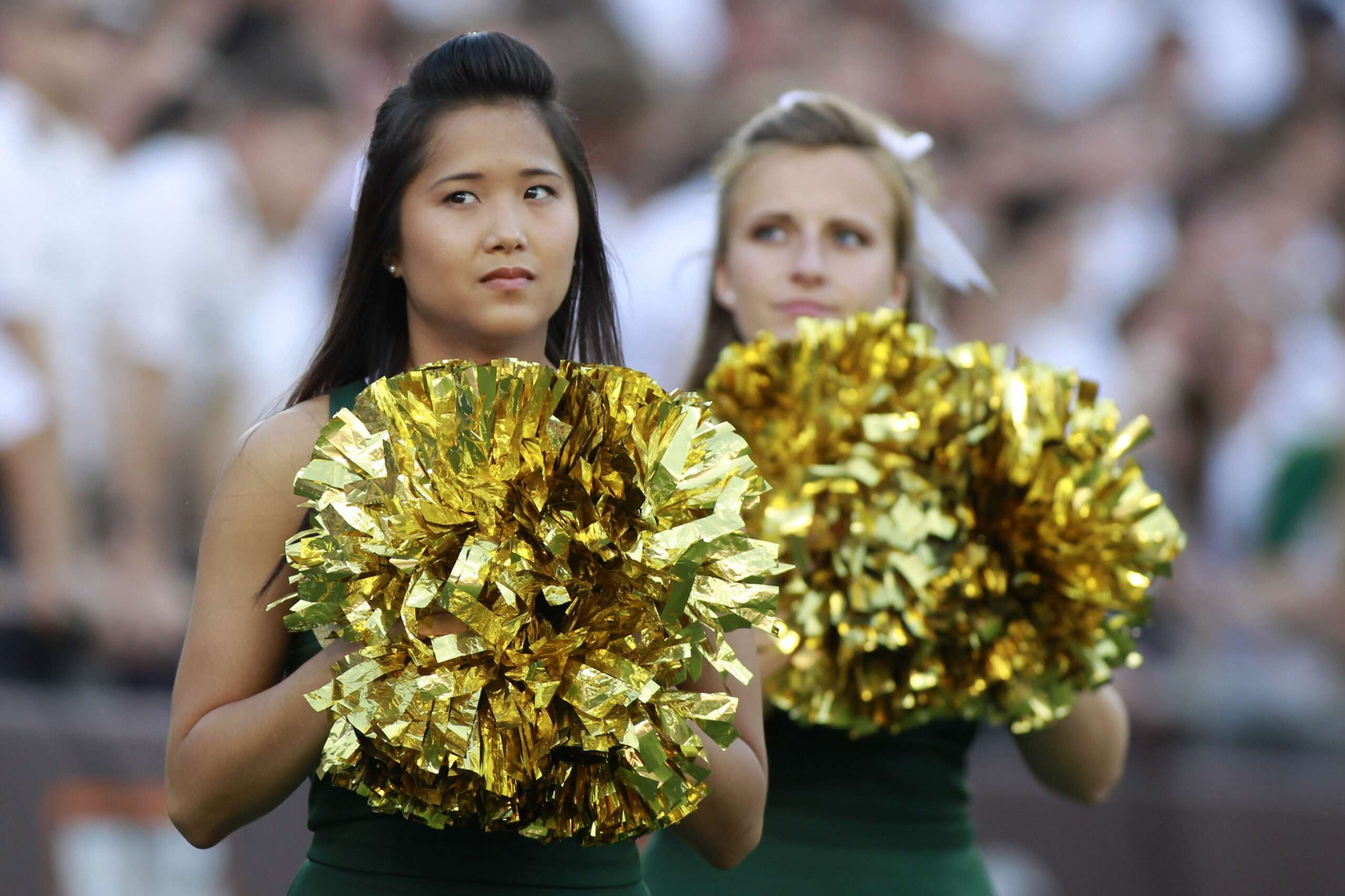 Aug 30, 2014; Blacksburg, VA, USA; William & Mary Tribe cheerleaders during the game against the Virginia Tech Hokies at Lane Stadium. Mandatory Credit: Peter Casey-Imagn Images