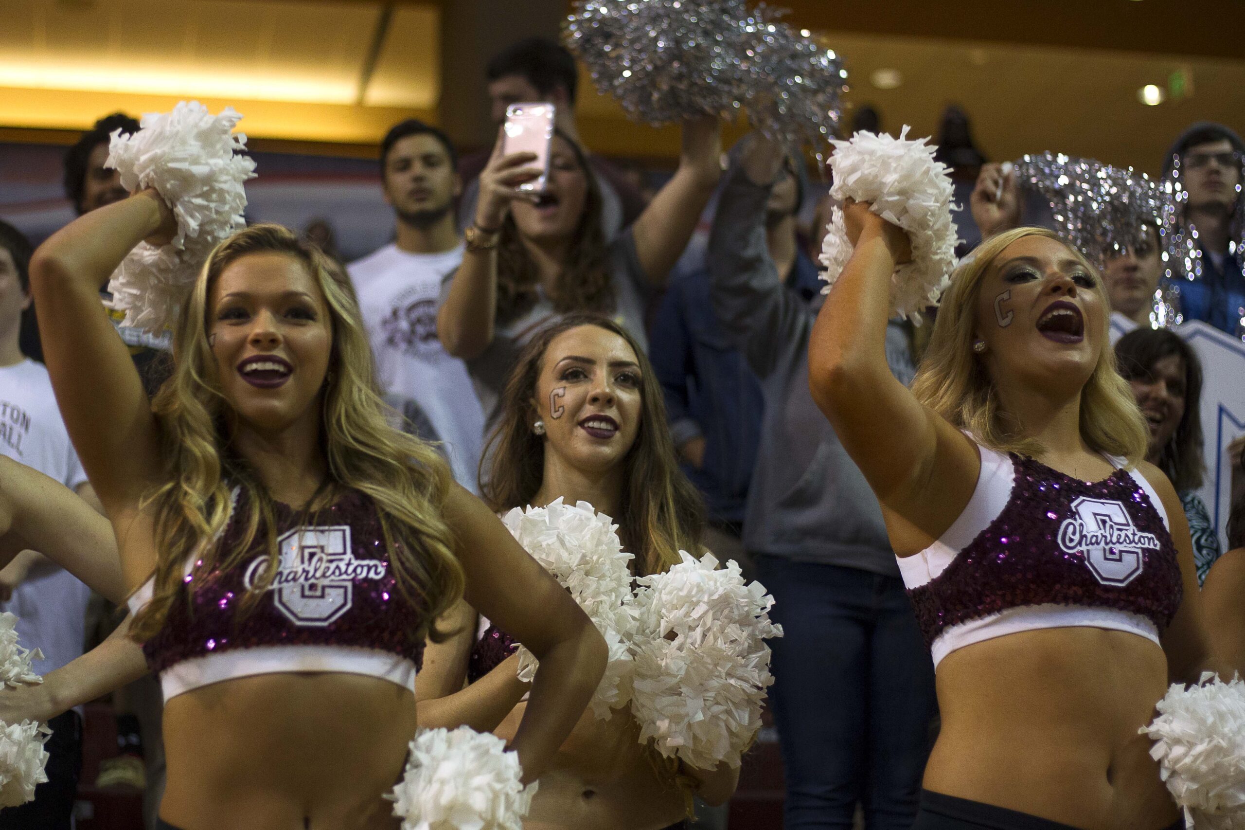 Nov 17, 2016; Charleston, SC, USA; Charleston Cougars cheerleaders cheer during the second half of the fourth game of the Charleston Classic against the Boise State Broncos at TD Arena. Cougars won 60-47. Mandatory Credit: Joshua S. Kelly-Imagn Images