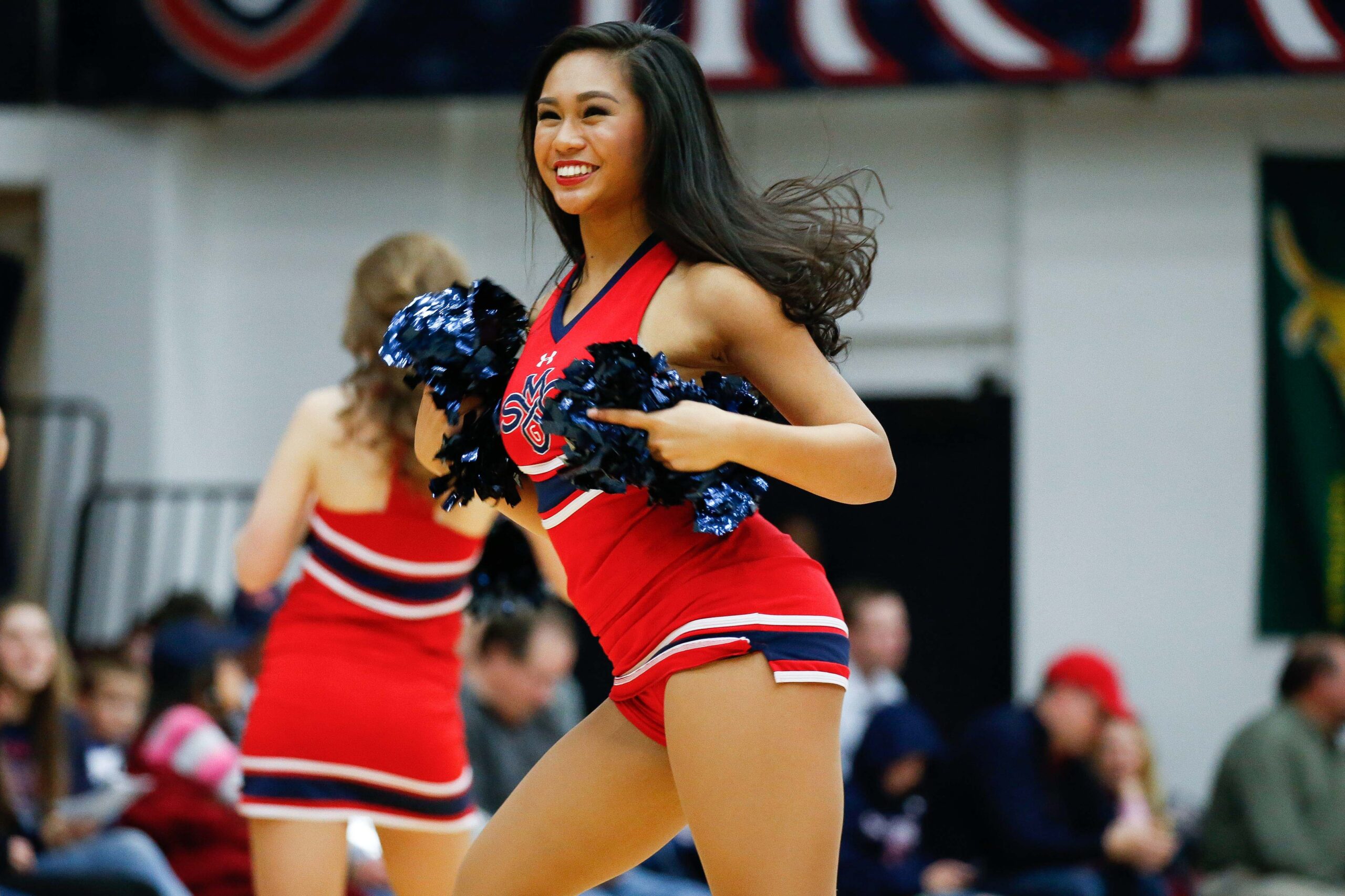 Dec 31, 2016; Moraga, CA, USA; St. Mary's Gaels cheerleader performs during the game against San Diego Toreros in the second half at McKeon Pavilion. The St. Mary's Gaels defeated the San Diego Toreros 72-60. Mandatory Credit: Stan Szeto-Imagn Images
