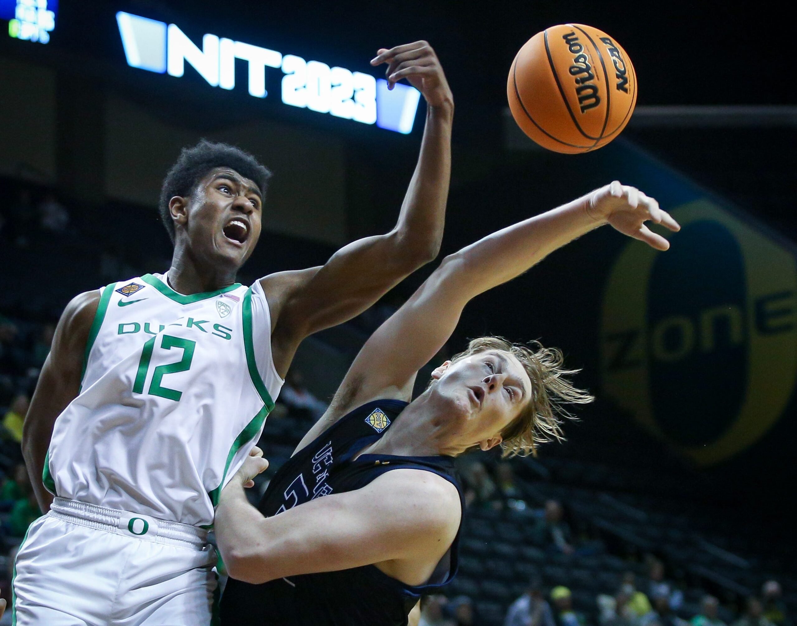 Oregon forward James Cooper leaps for a rebound as the Oregon Ducks take on UC Irvine in their NIT opener Wednesday, March 15, 2023, at Matthew Knight Arena in Eugene, Ore.

Ncaa Basketball Oregon Men S Basketball Nit Opener Uc Irvine At Oregon