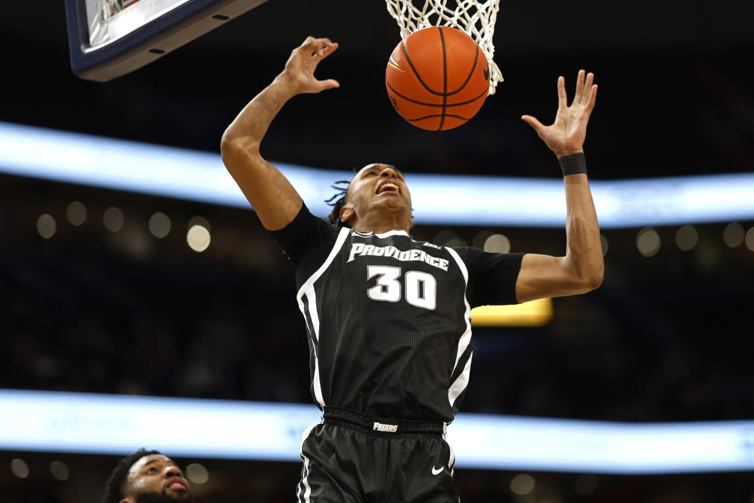 Mar 5, 2024; Washington, District of Columbia, USA;Providence Friars forward Rafael Castro (30) loses the ball after being fouled against the Georgetown Hoyas in the first half  at Capital One Arena. Mandatory Credit: Geoff Burke-Imagn Images