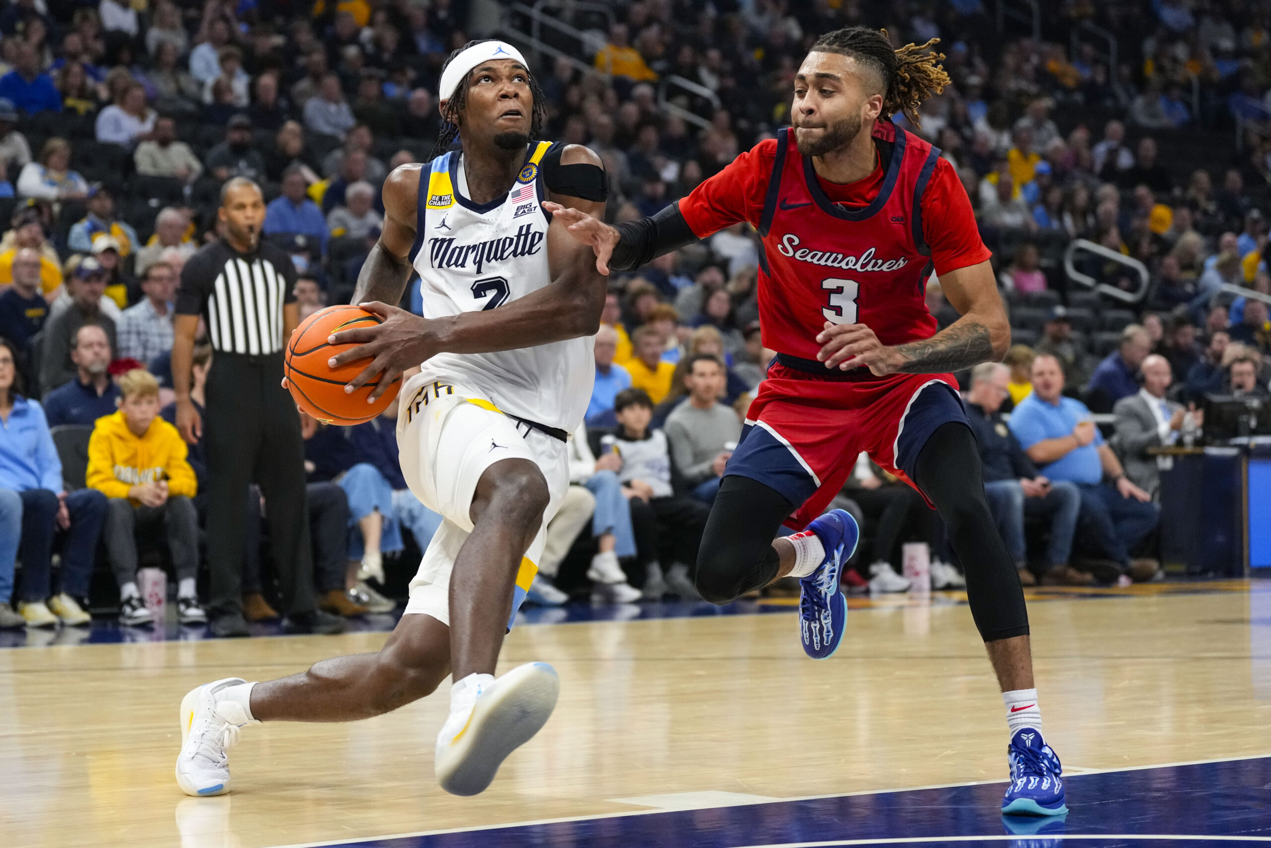 Nov 4, 2024; Milwaukee, Wisconsin, USA;  Marquette Golden Eagles guard Chase Ross (2) during the game against the Stony Brook Seawolves at Fiserv Forum. Mandatory Credit: Jeff Hanisch-Imagn Images