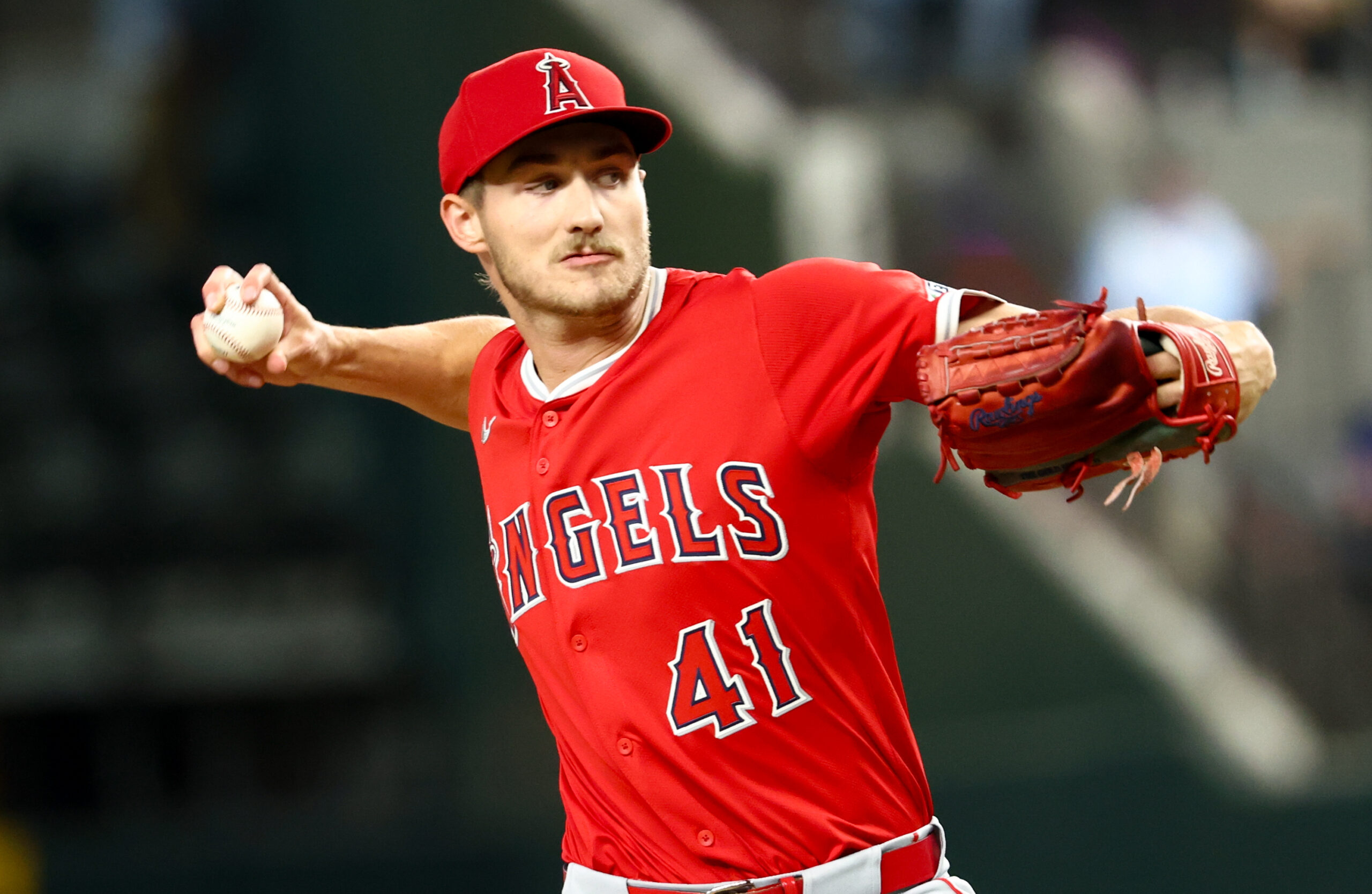 Aug 27, 2025; Arlington, Texas, USA;  Los Angeles Angels starting pitcher Jack Kochanowicz (41) throws during the first inning against the Texas Rangers at Globe Life Field. Mandatory Credit: Kevin Jairaj-Imagn Images
