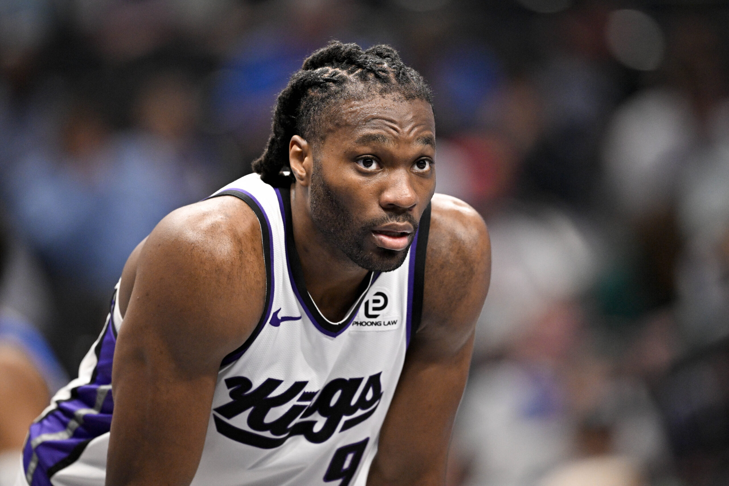 Feb 26, 2026; Dallas, Texas, USA; Sacramento Kings forward Precious Achiuwa (9) looks on during the second half against the Dallas Mavericks at the American Airlines Center. Mandatory Credit: Jerome Miron-Imagn Images
