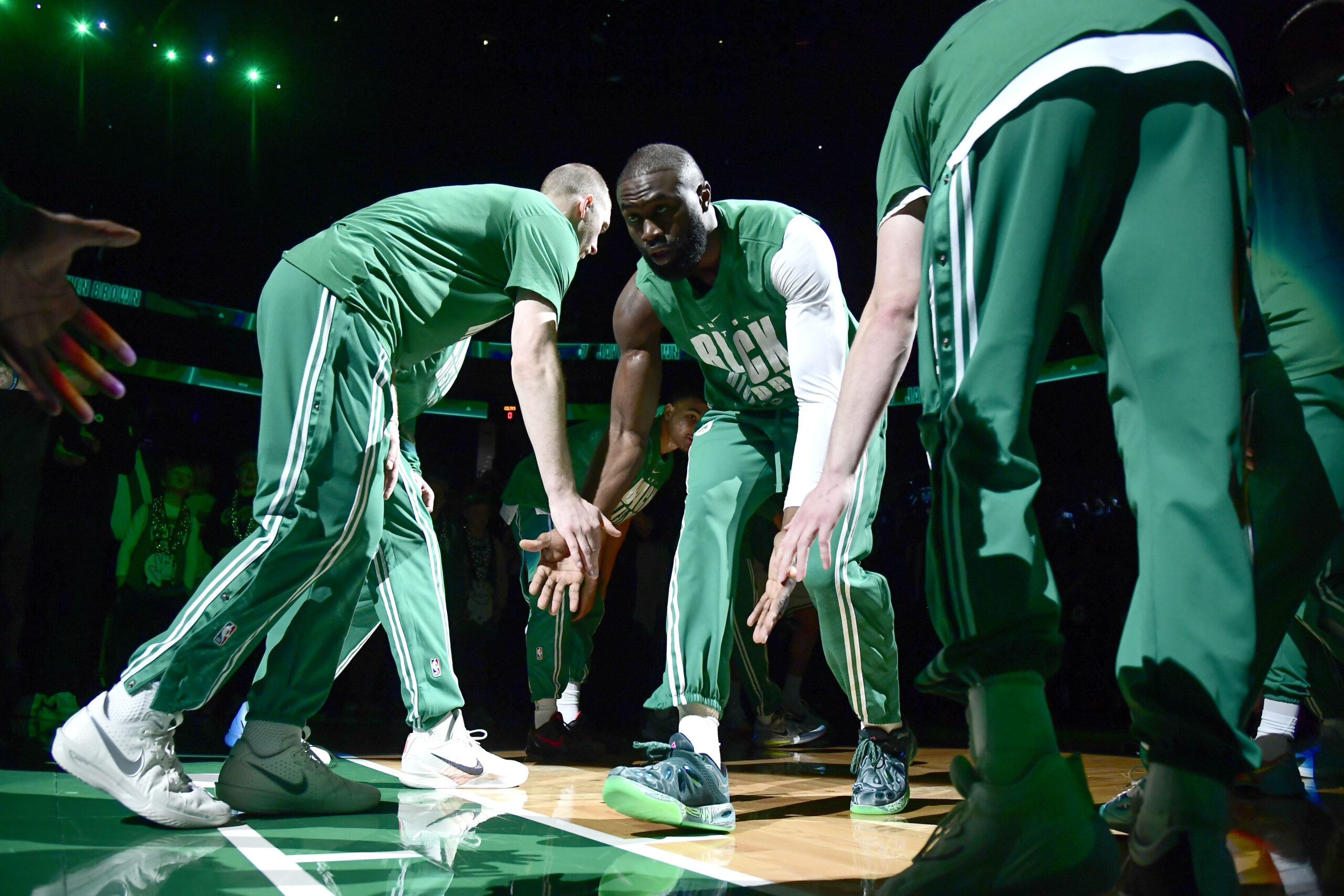 Feb 27, 2026; Boston, Massachusetts, USA; Boston Celtics guard Jaylen Brown (7) is introduced to the crowd prior to a game against the Brooklyn Nets at TD Garden. Mandatory Credit: Bob DeChiara-Imagn Images