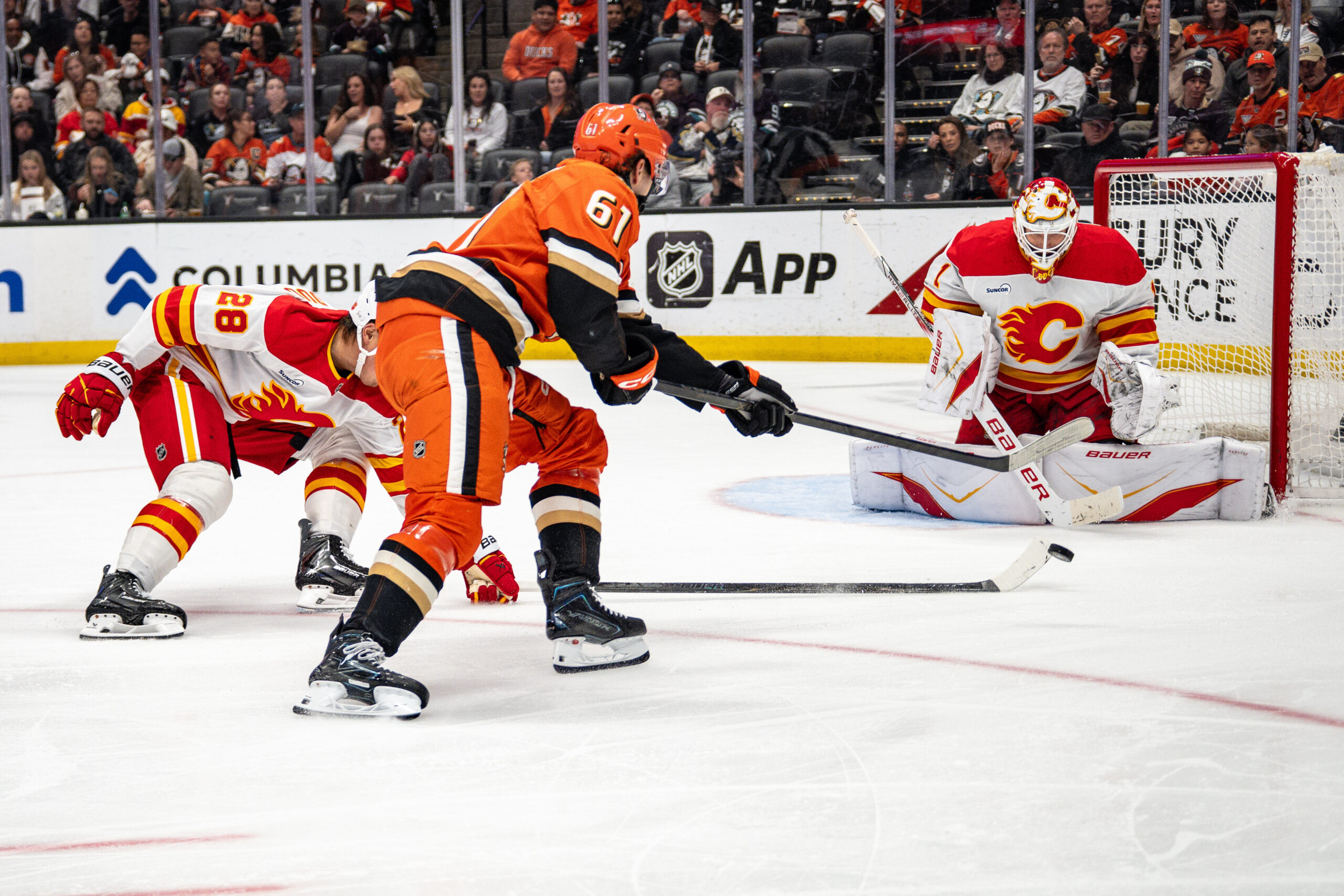 Mar 1, 2026; Anaheim, California, USA; Anaheim Ducks left wing Cutter Gauthier (61) attempts a shot while Calgary Flames defenseman Zach Whitecloud (28) attempts to block during the second period at Honda Center. Mandatory Credit: Corinne Votaw-Imagn Images