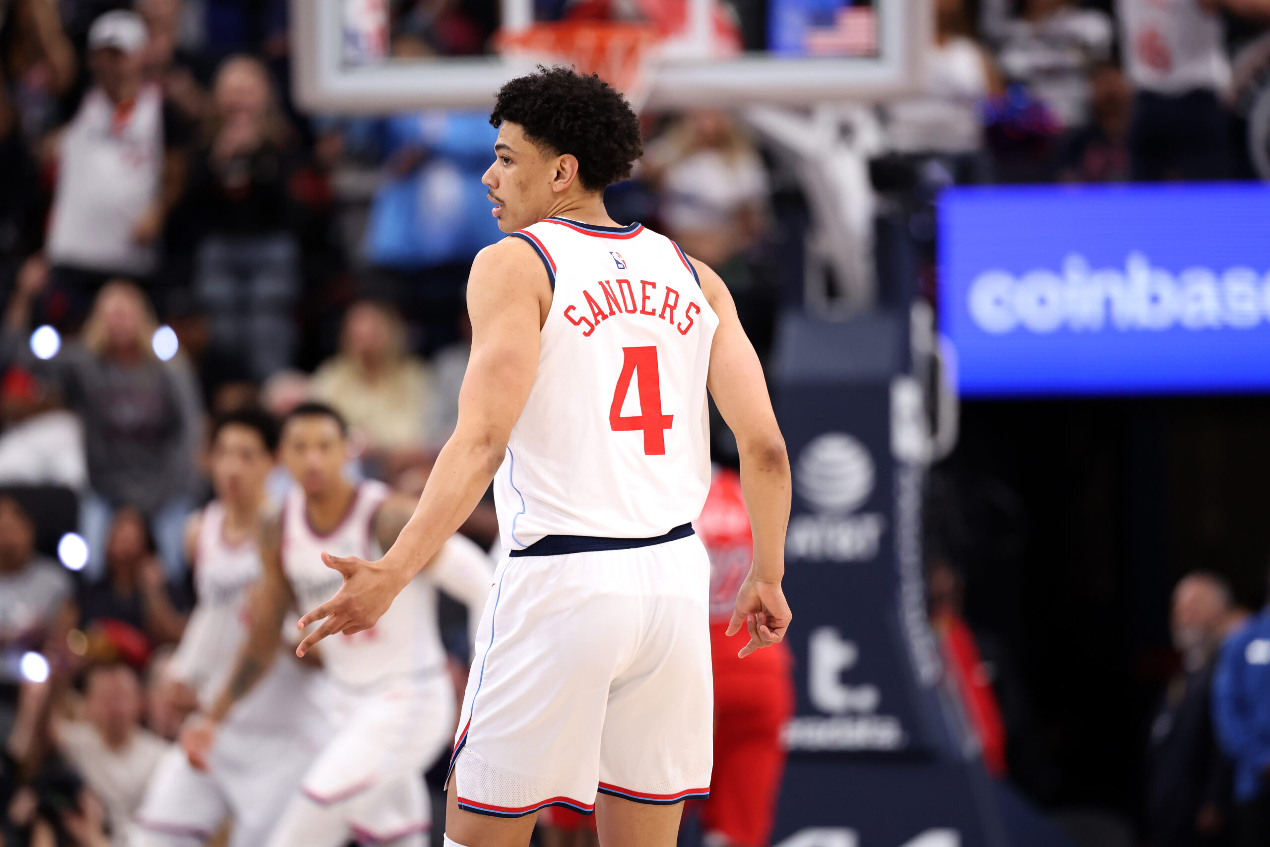 Mar 1, 2026; Inglewood, California, USA;  Los Angeles Clippers guard Kobe Sanders (4) reacts after making a three point basket during the second half against the New Orleans Pelicans at Intuit Dome. Mandatory Credit: Kiyoshi Mio-Imagn Images