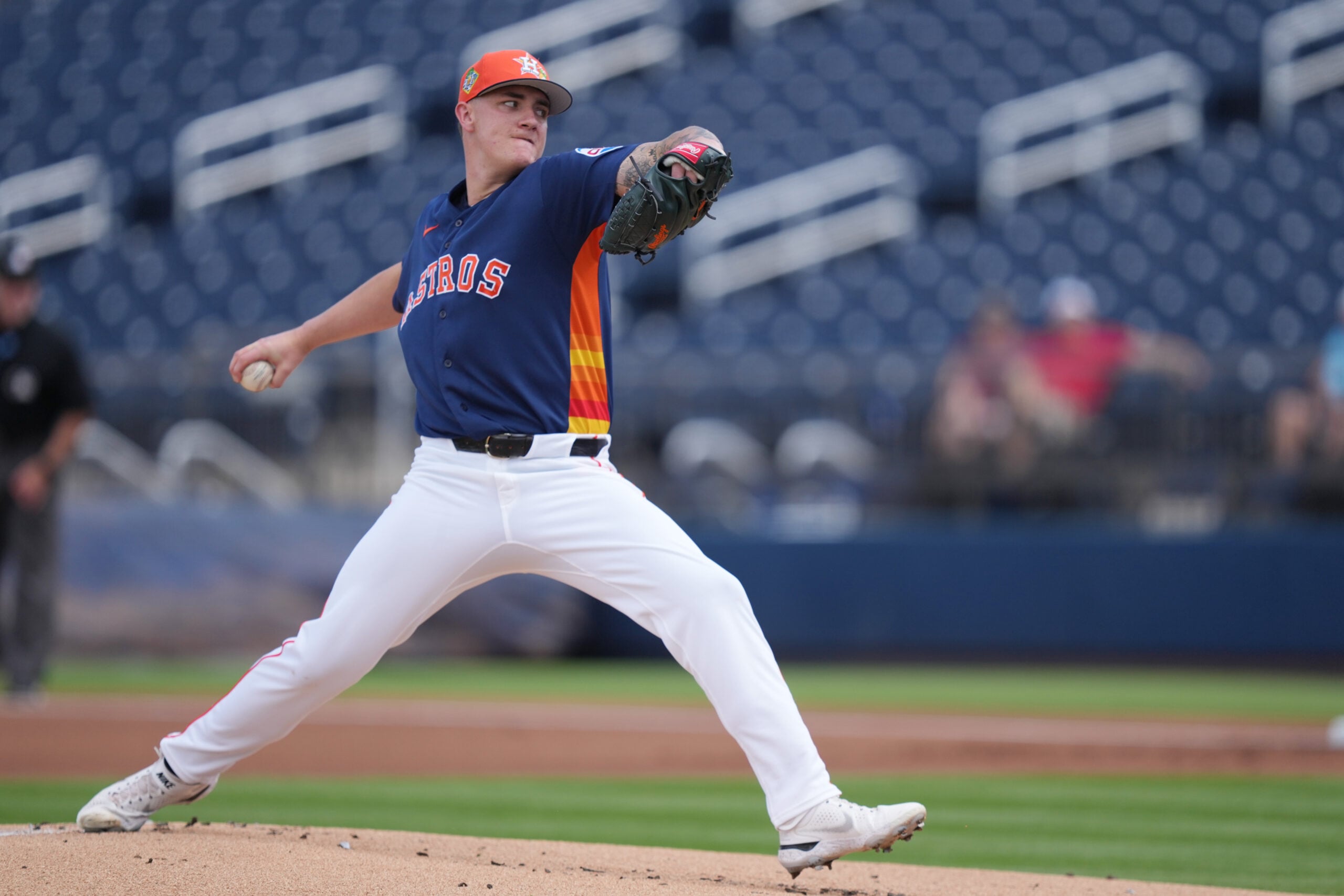 Mar 2, 2026; West Palm Beach, Florida, USA;  Houston Astros pitcher Hunter Brown (58) pitches in the first inning against the Washington Nationals at CACTI Park of the Palm Beaches. Mandatory Credit: Jim Rassol-Imagn Images