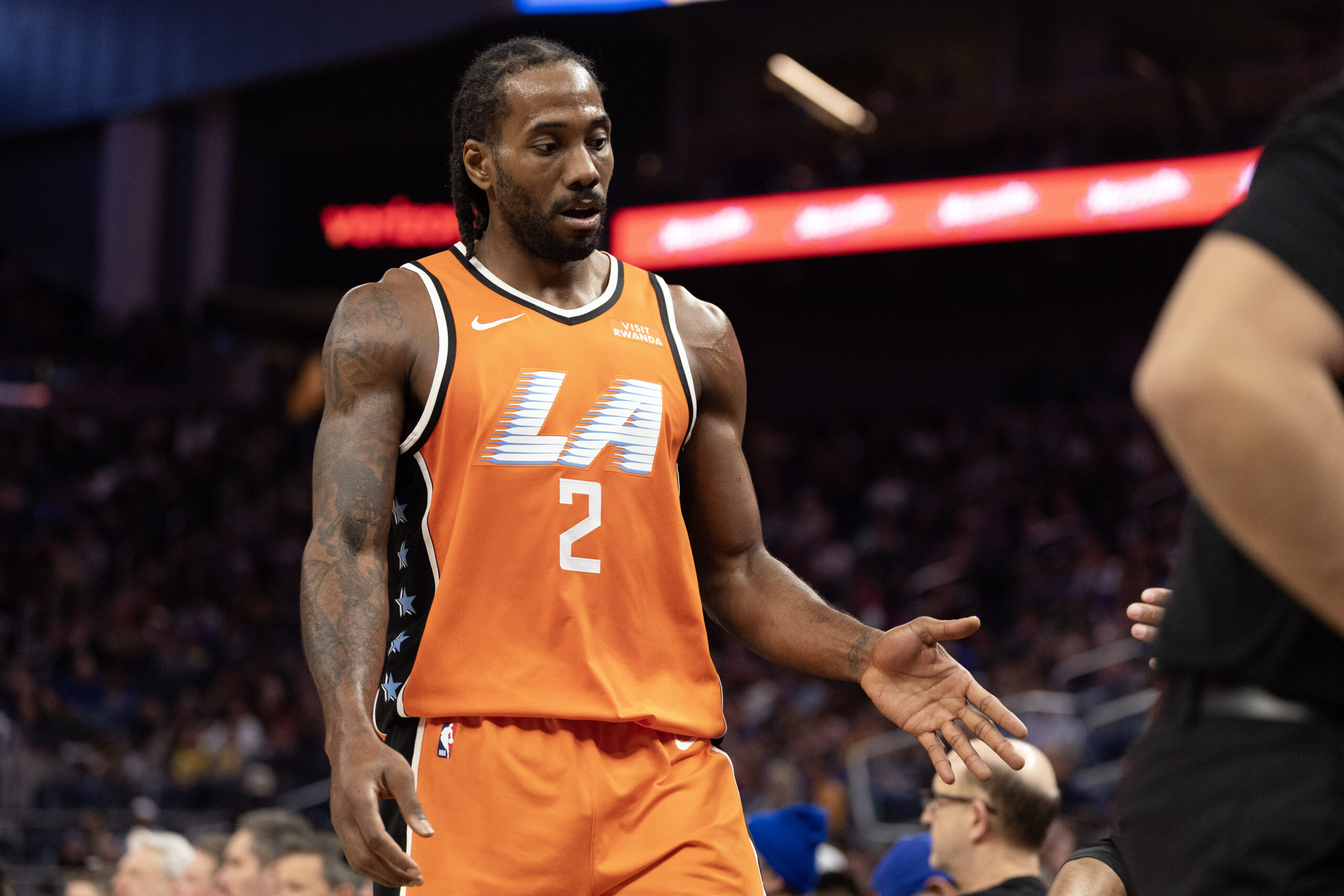 Mar 2, 2026; San Francisco, California, USA; Los Angeles Clippers forward Kawhi Leonard (2) walks back to the bench during the third quarter against the Golden State Warriors at Chase Center. Mandatory Credit: D. Ross Cameron-Imagn Images