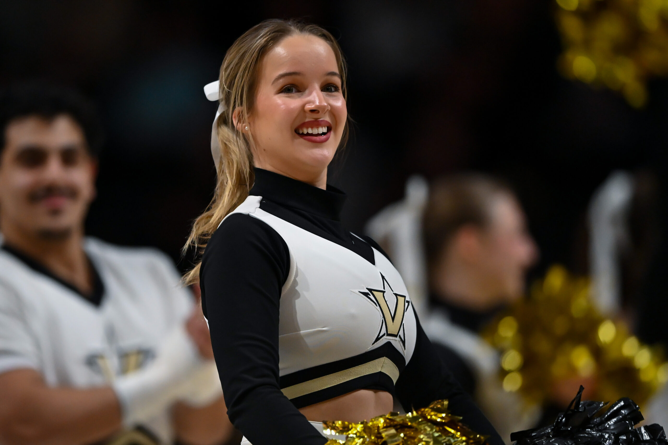 Feb 25, 2026; Nashville, Tennessee, USA;  Vanderbilt Commodores cheerleader against the Georgia Bulldogs during the first half at Memorial Gymnasium. Mandatory Credit: Steve Roberts-Imagn Images