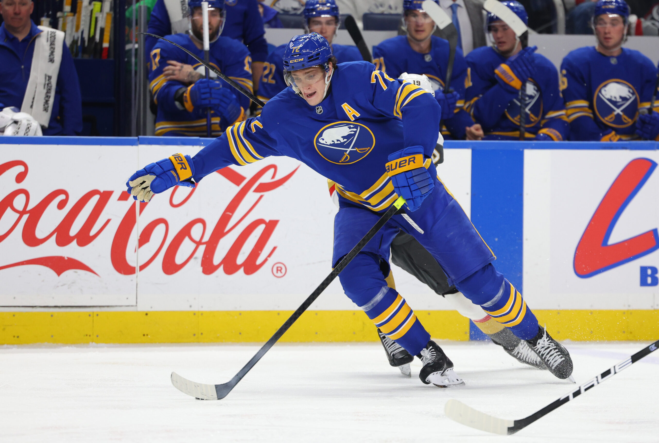 Mar 3, 2026; Buffalo, New York, USA;  Buffalo Sabres center Tage Thompson (72) controls the puck during the second period against the Vegas Golden Knights at KeyBank Center. Mandatory Credit: Timothy T. Ludwig-Imagn Images