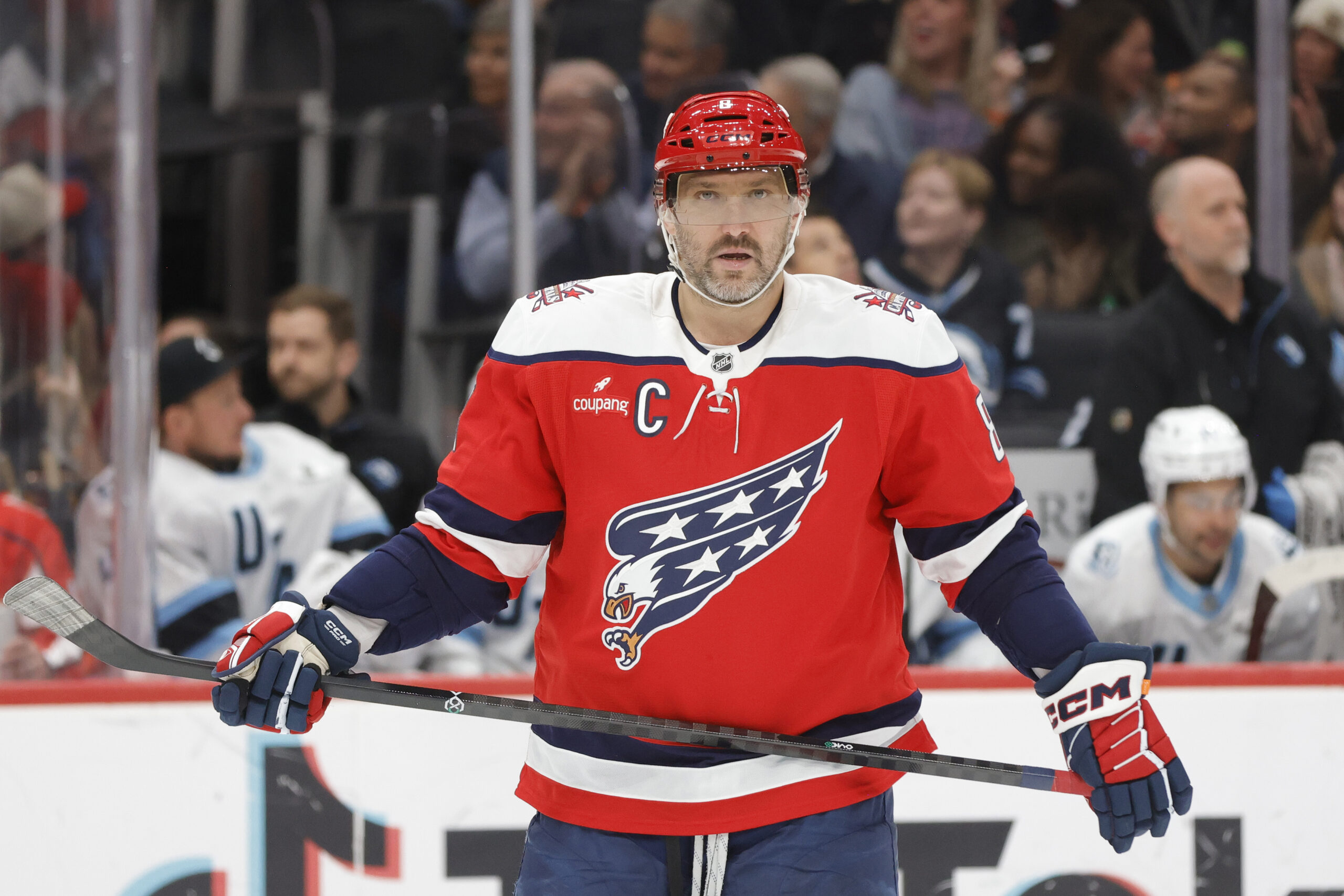 Mar 3, 2026; Washington, District of Columbia, USA; Washington Capitals left wing Alex Ovechkin (8) looks on during a stoppage in play in the second period against the Utah Mammoth at Capital One Arena. Mandatory Credit: Amber Searls-Imagn Images