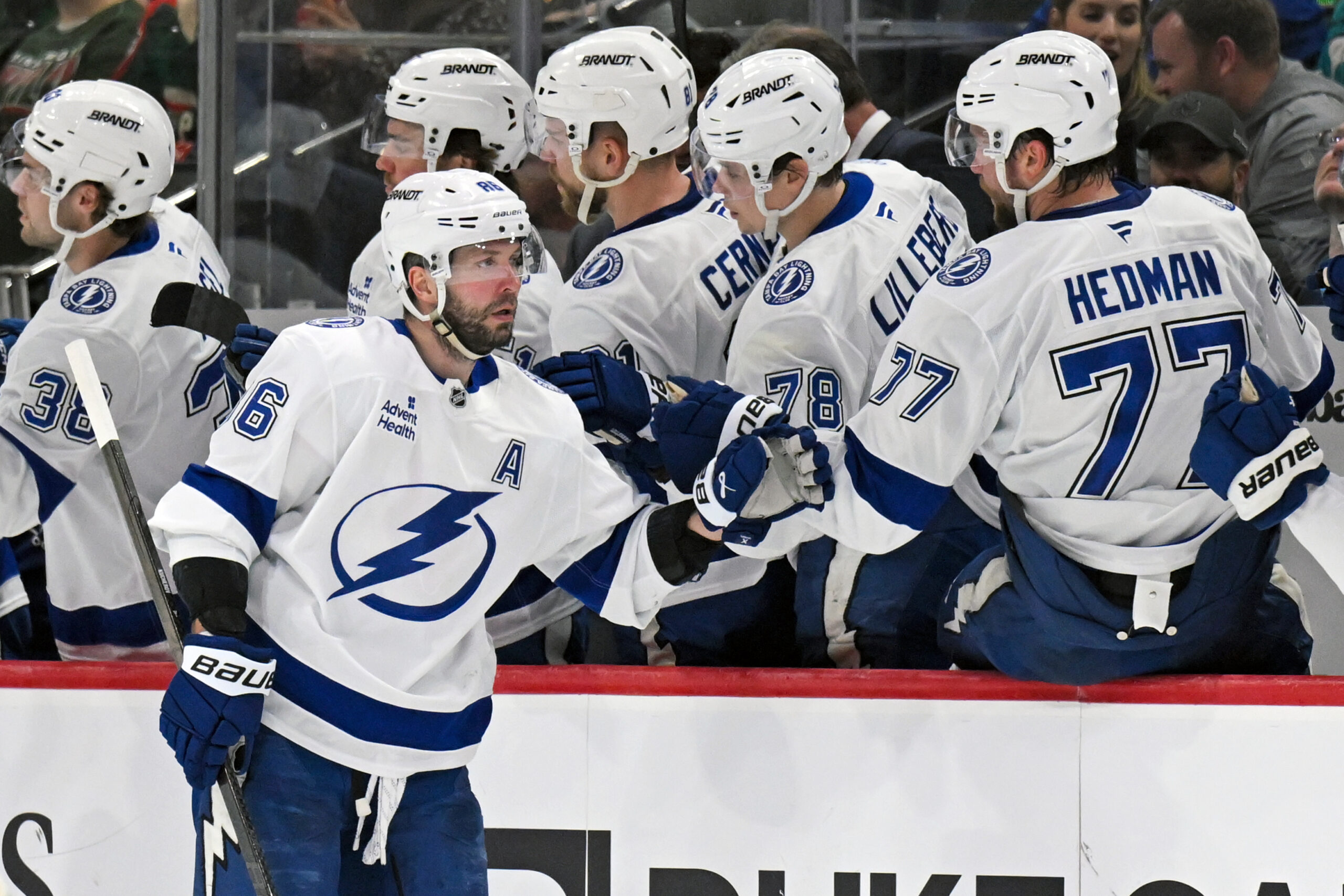 Mar 3, 2026; Saint Paul, Minnesota, USA;  Tampa Bay Lightning forward Nikita Kucherov (86) celebrates a goal against the Minnesota Wild during the second period at Grand Casino Arena. Mandatory Credit: Nick Wosika-Imagn Images