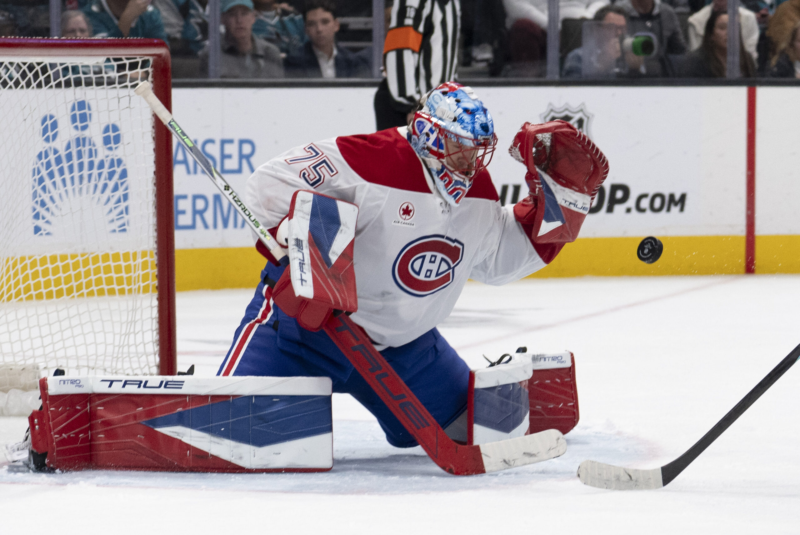 Mar 3, 2026; San Jose, California, USA;  Montreal Canadiens goaltender Jakub Dobes (75) defends the goal during the second period against the San Jose Sharks at SAP Center at San Jose. Mandatory Credit: Stan Szeto-Imagn Images