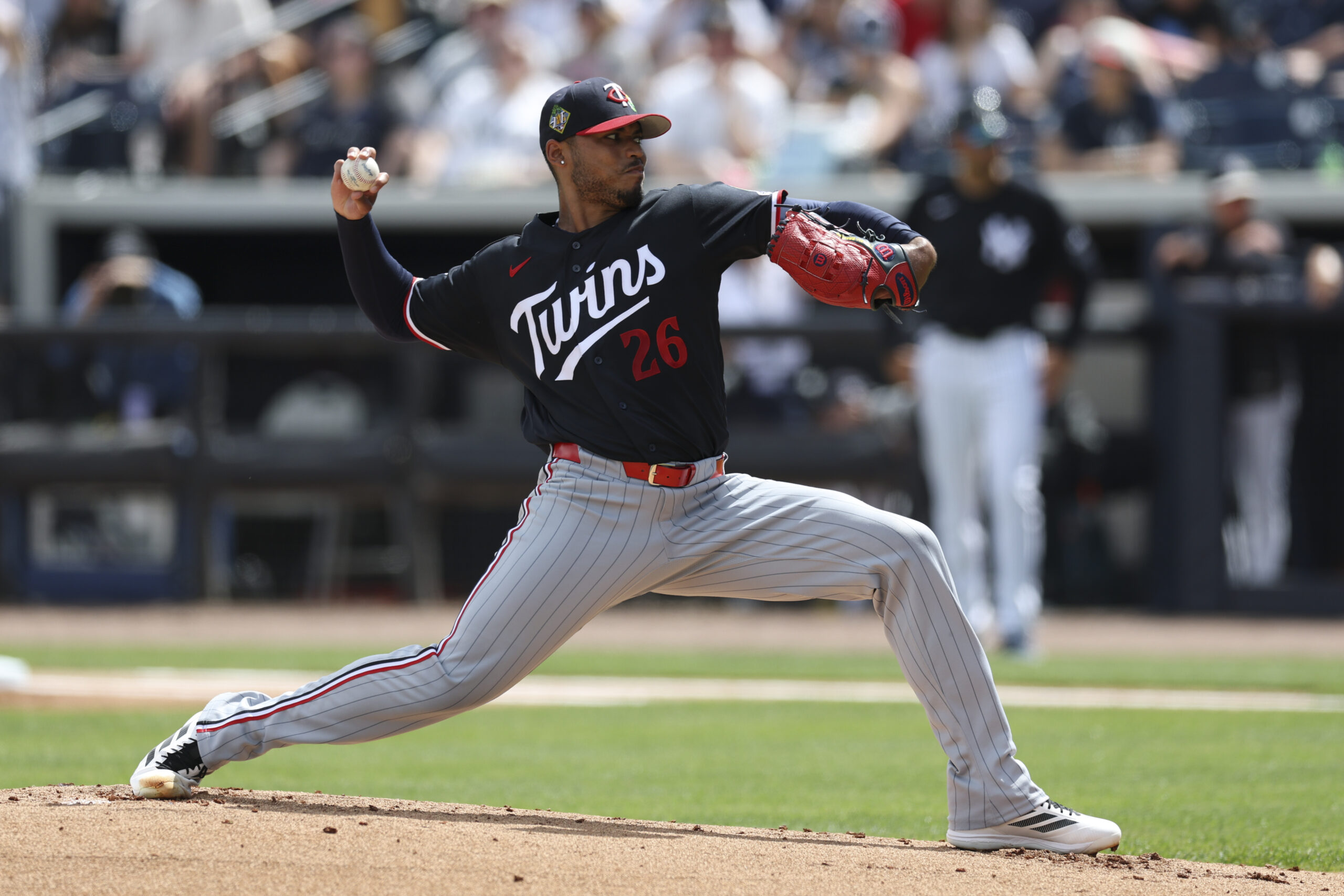 Mar 5, 2026; Tampa, Florida, USA; Minnesota Twins starting pitcher Taj Bradley (26) throws a pitch against the New York Yankees in the first inning  during spring training at George M. Steinbrenner Field. Mandatory Credit: Nathan Ray Seebeck-Imagn Images