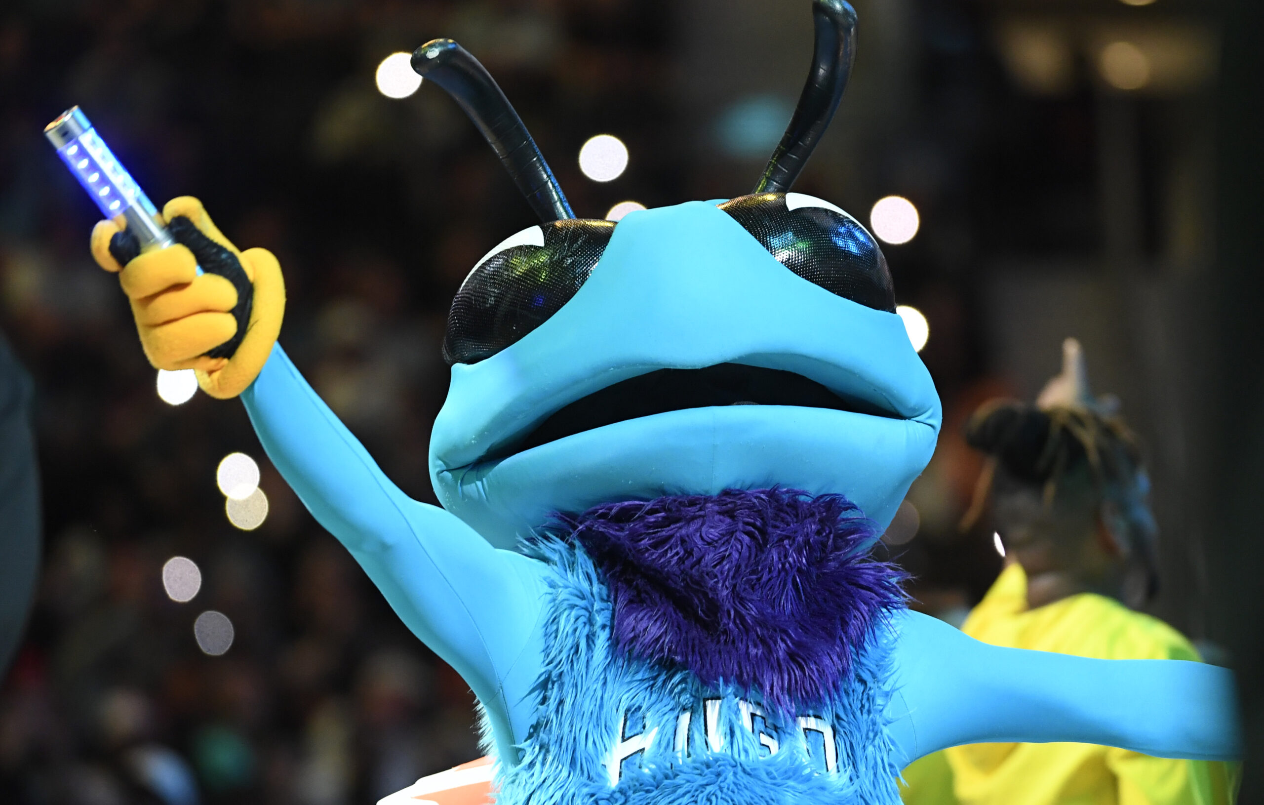 Mar 6, 2026; Charlotte, North Carolina, USA;  Charlotte Hornets mascot HUGO performs during the second half against the Miami Heat at the Spectrum Center. Mandatory Credit: Sam Sharpe-Imagn Images