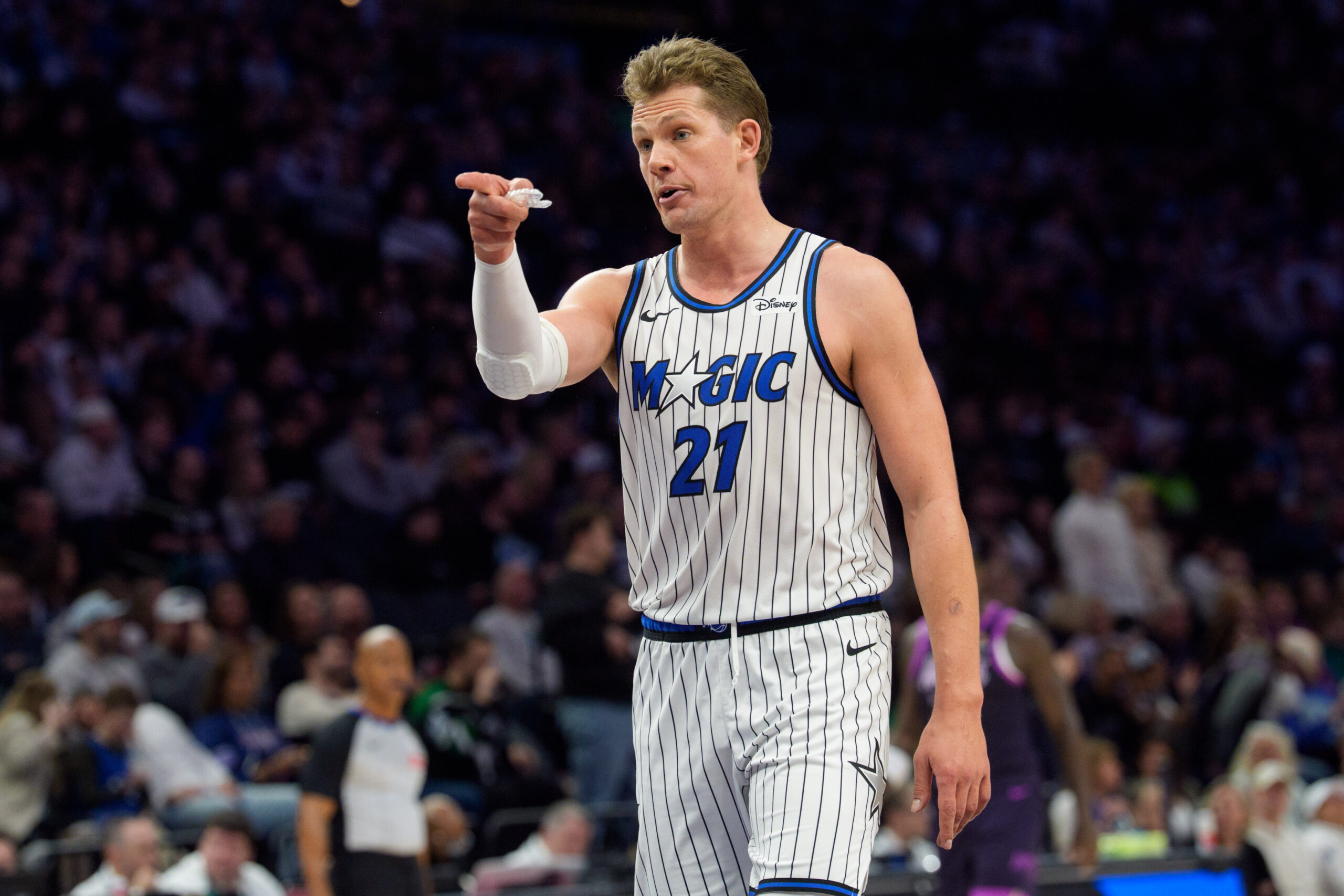 Mar 7, 2026; Minneapolis, Minnesota, USA; Orlando Magic forward Moritz Wagner (21) reacts to a fan in the third quarter against the Minnesota Timberwolves at Target Center. Mandatory Credit: Matt Blewett-Imagn Images