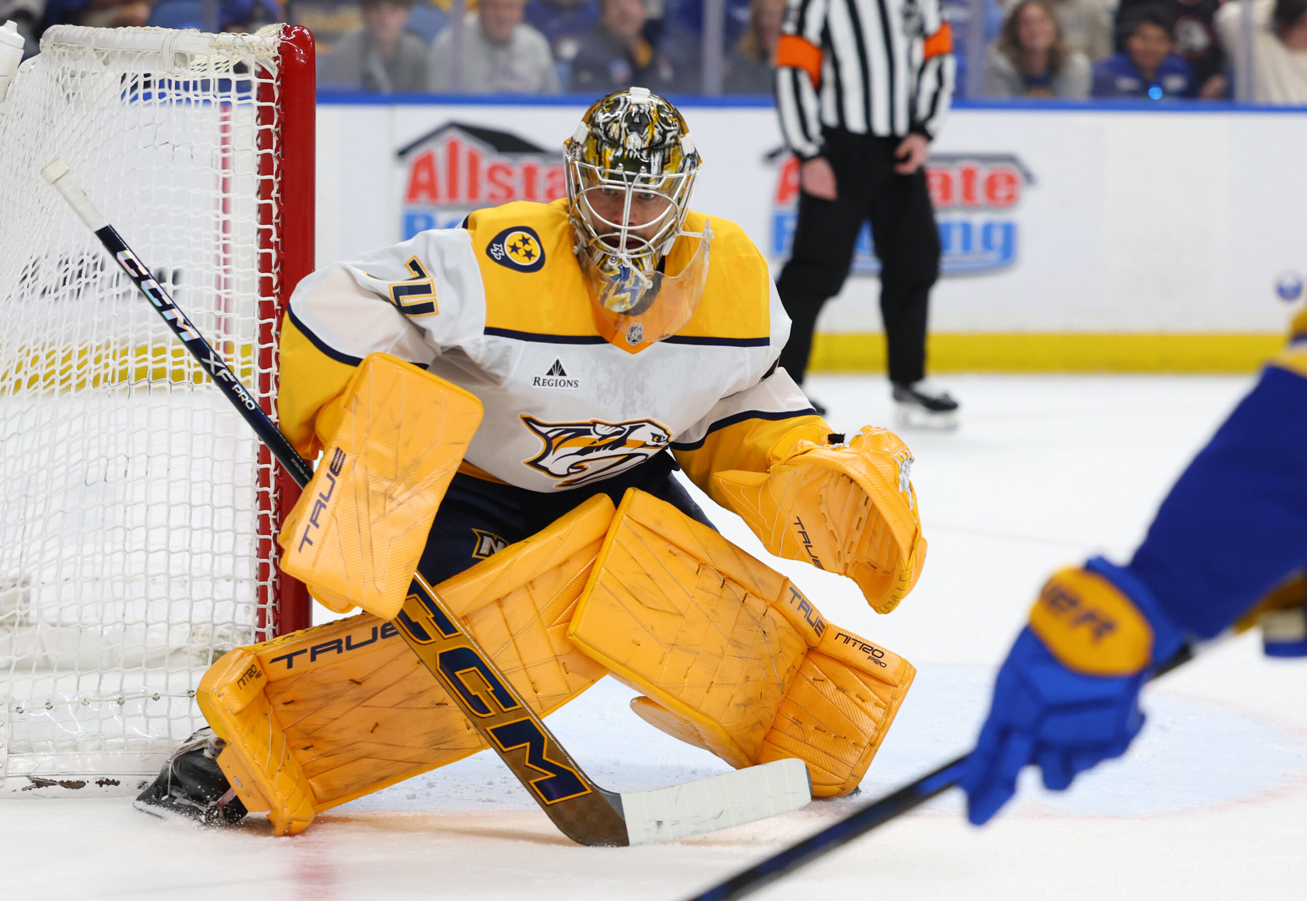 Mar 7, 2026; Buffalo, New York, USA;  Nashville Predators goaltender Juuse Saros (74) looks for the puck during the second period against the Buffalo Sabres at KeyBank Center. Mandatory Credit: Timothy T. Ludwig-Imagn Images