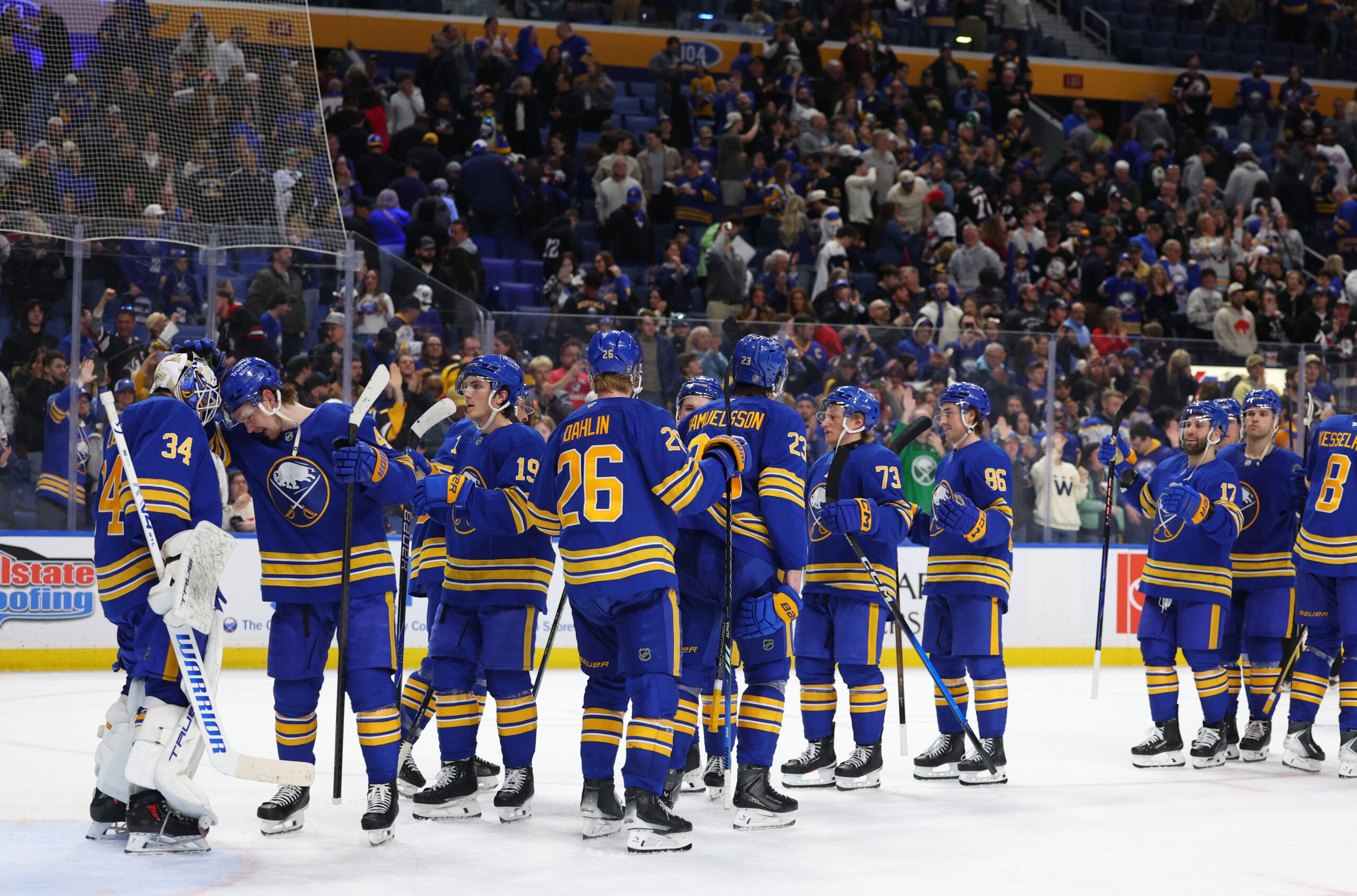Mar 7, 2026; Buffalo, New York, USA;  The Buffalo Sabres celebrate a win over the Nashville Predators at KeyBank Center. Mandatory Credit: Timothy T. Ludwig-Imagn Images