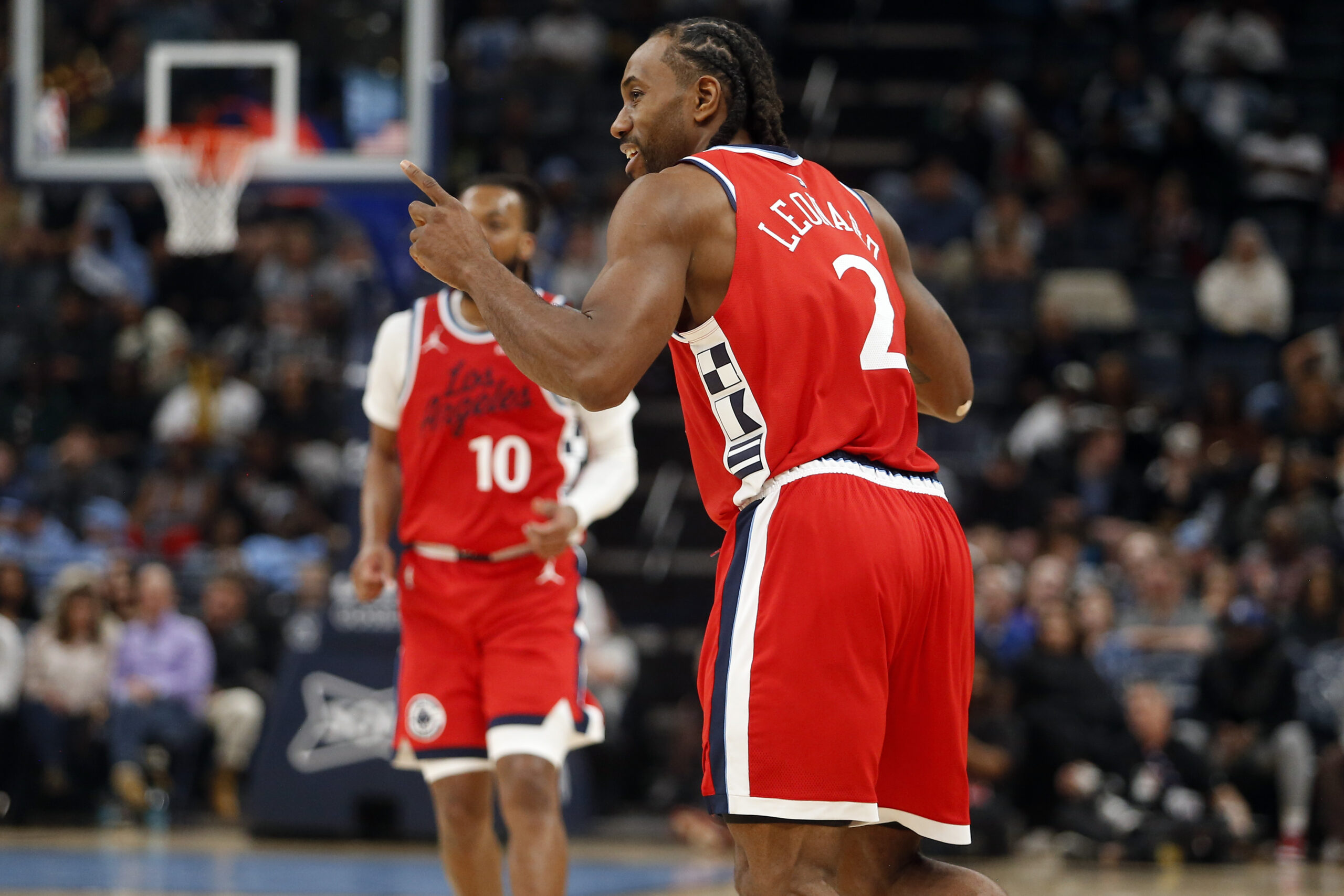Mar 7, 2026; Memphis, Tennessee, USA; Los Angeles Clippers forward Kawhi Leonard (2) reacts during the fourth quarter against the Memphis Grizzlies at FedExForum. Mandatory Credit: Petre Thomas-Imagn Images
