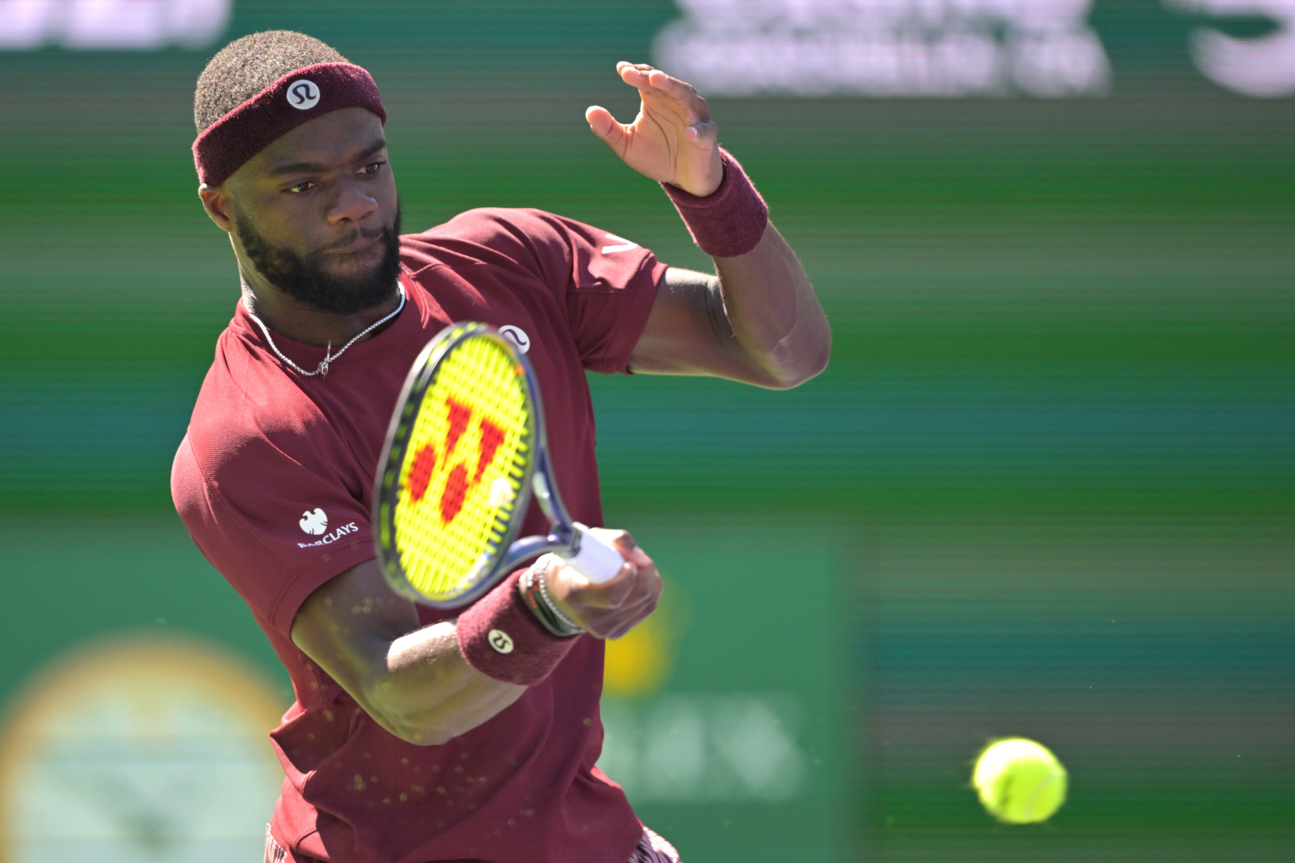 Mar 10, 2026; Indian Wells, CA, USA;  Francis Tiafoe (USA) hits a shot during his fourth round match against Alexander Zverev (GER) in the BNP Paribas Open at the Indian Wells Tennis Garden. Mandatory Credit: Jayne Kamin-Oncea-Imagn Images