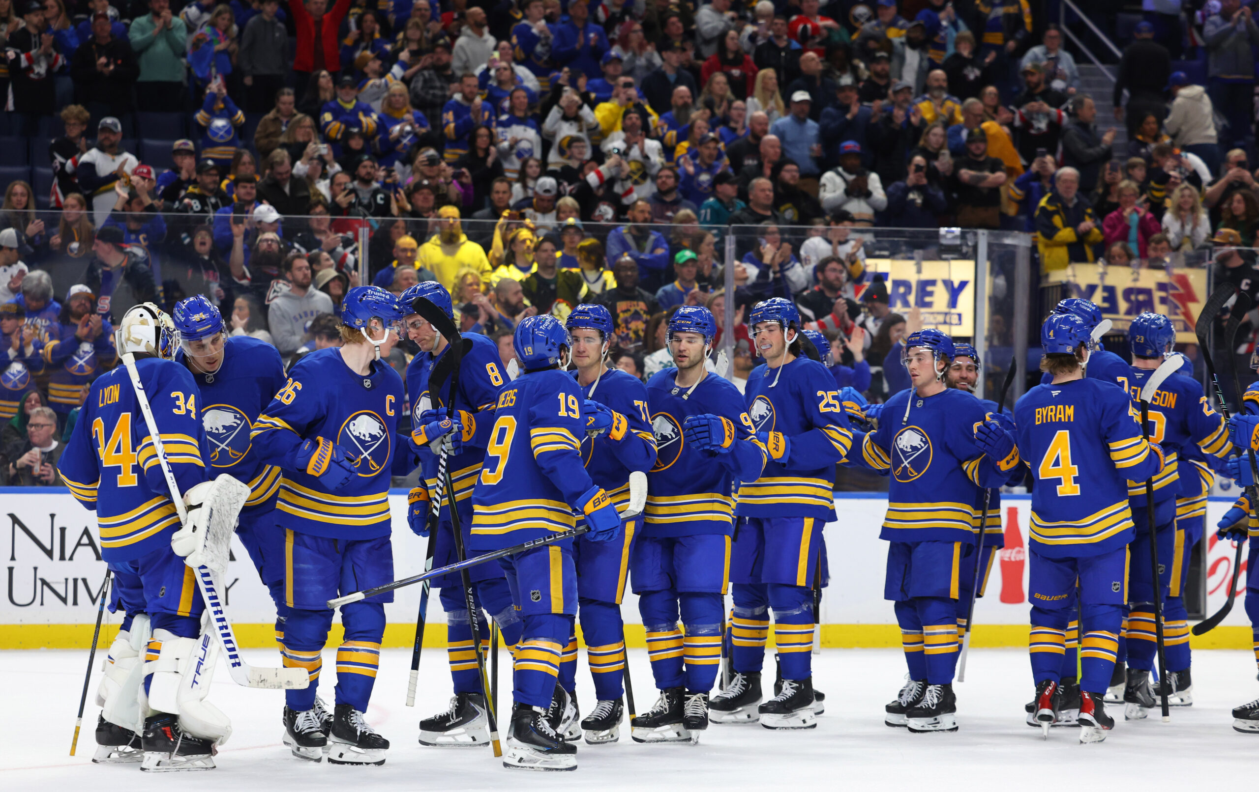 Mar 10, 2026; Buffalo, New York, USA;  The Buffalo Sabres celebrate a win against the San Jose Sharks at KeyBank Center. Mandatory Credit: Timothy T. Ludwig-Imagn Images