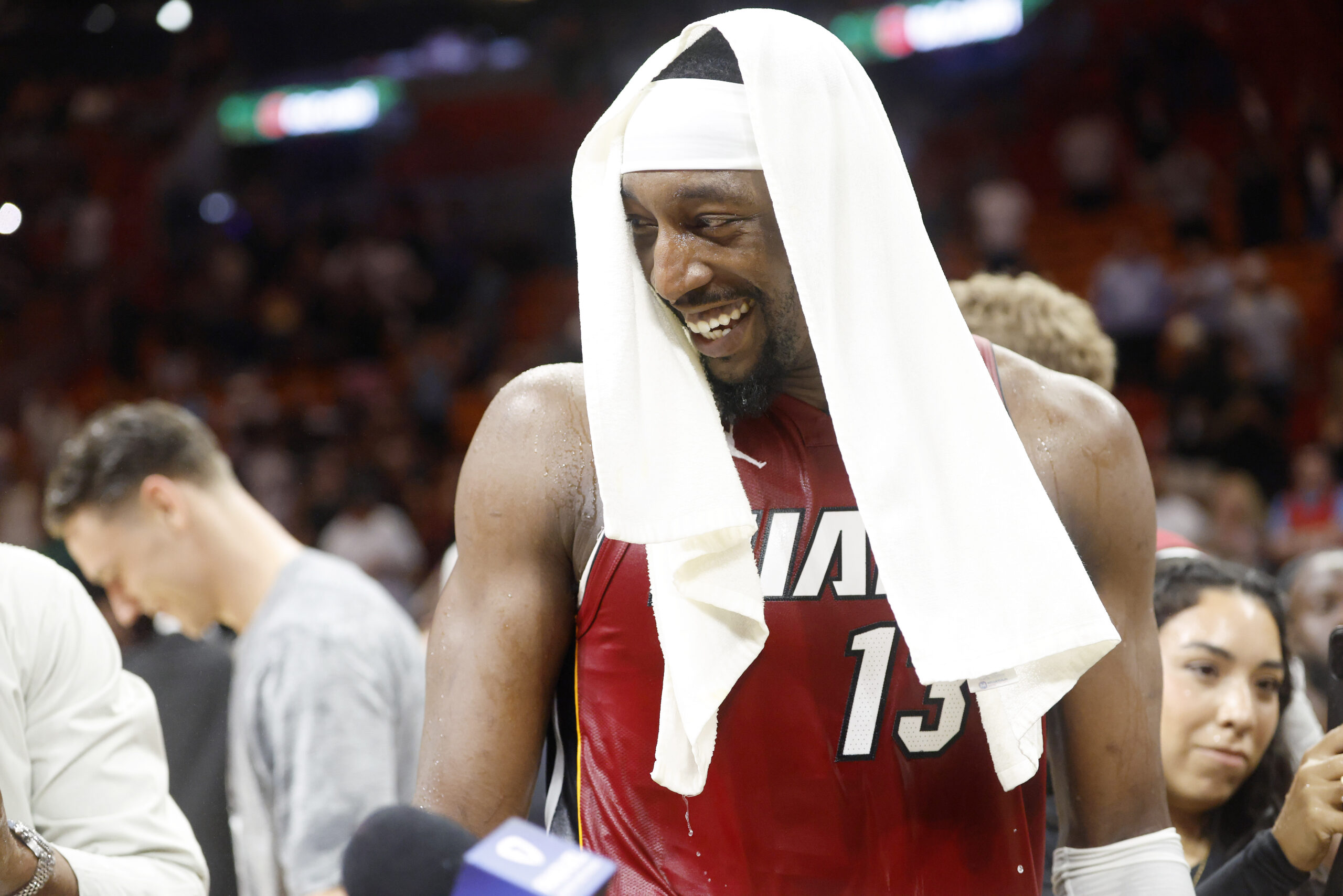 Mar 10, 2026; Miami, Florida, USA;  Miami Heat center Bam Adebayo (13) reacts after becoming the NBA's second highest scorer of points in a game with 83 against the Wshington Wizards at Kaseya Center. Mandatory Credit: Rhona Wise-Imagn Images