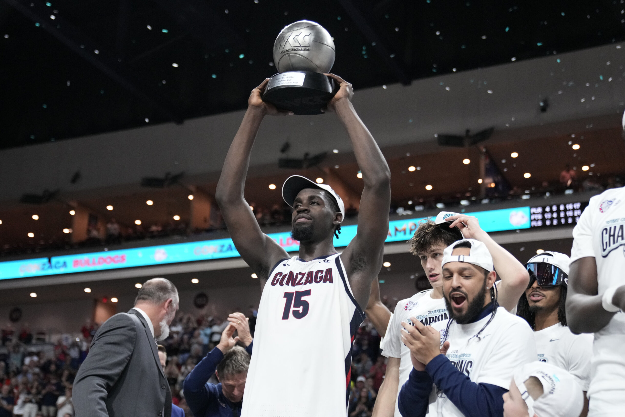 March 10, 2026; Las Vegas, NV, USA; Gonzaga Bulldogs forward Graham Ike (15) hoists the most outstanding player trophy after defeating the Santa Clara Broncos at Orleans Arena. Mandatory Credit: Kyle Terada-Imagn Images