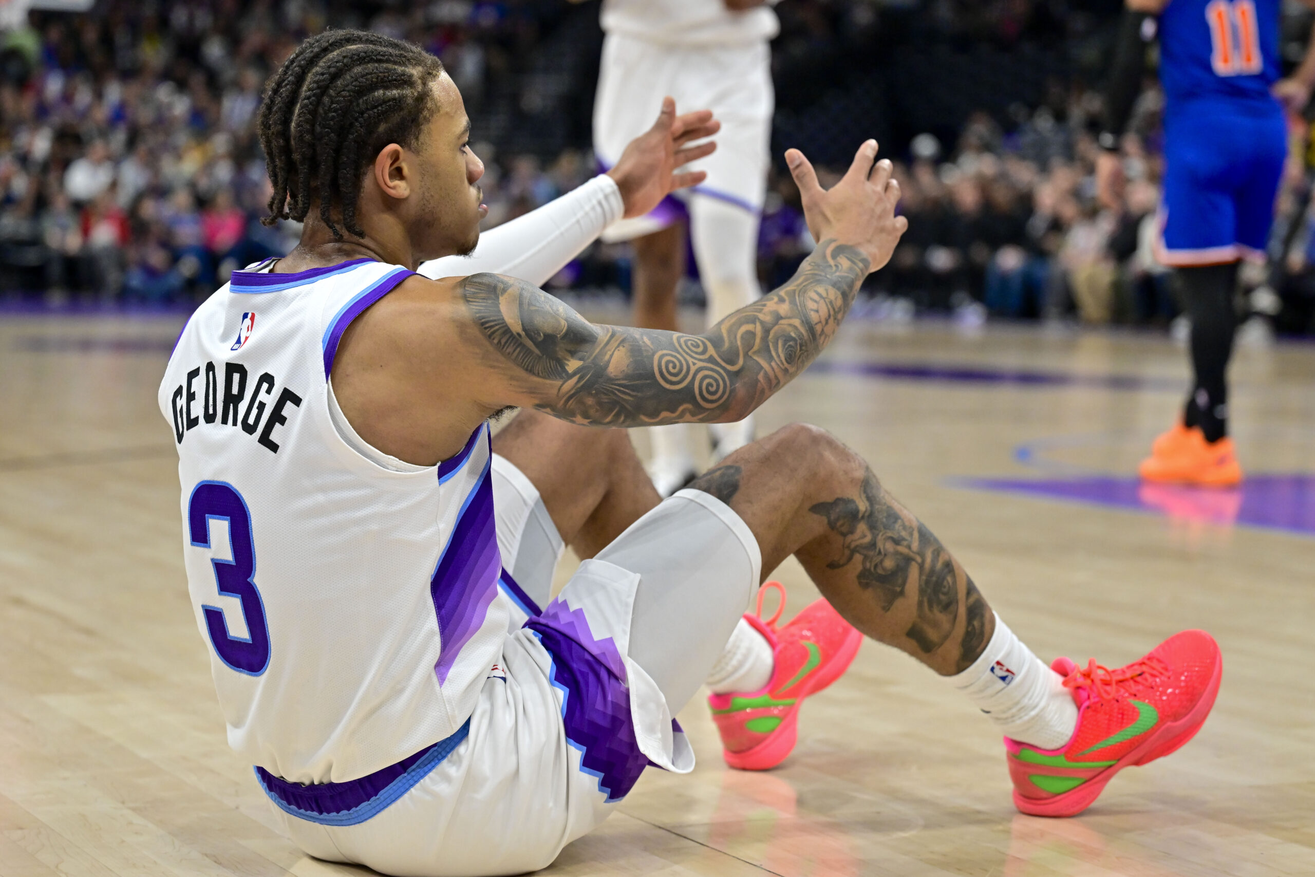 Mar 11, 2026; Salt Lake City, Utah, USA; Utah Jazz guard Keyonte George (3) reacts after being fouled during the second half against the New York Knicks at Delta Center. Mandatory Credit: Peter Creveling-Imagn Images