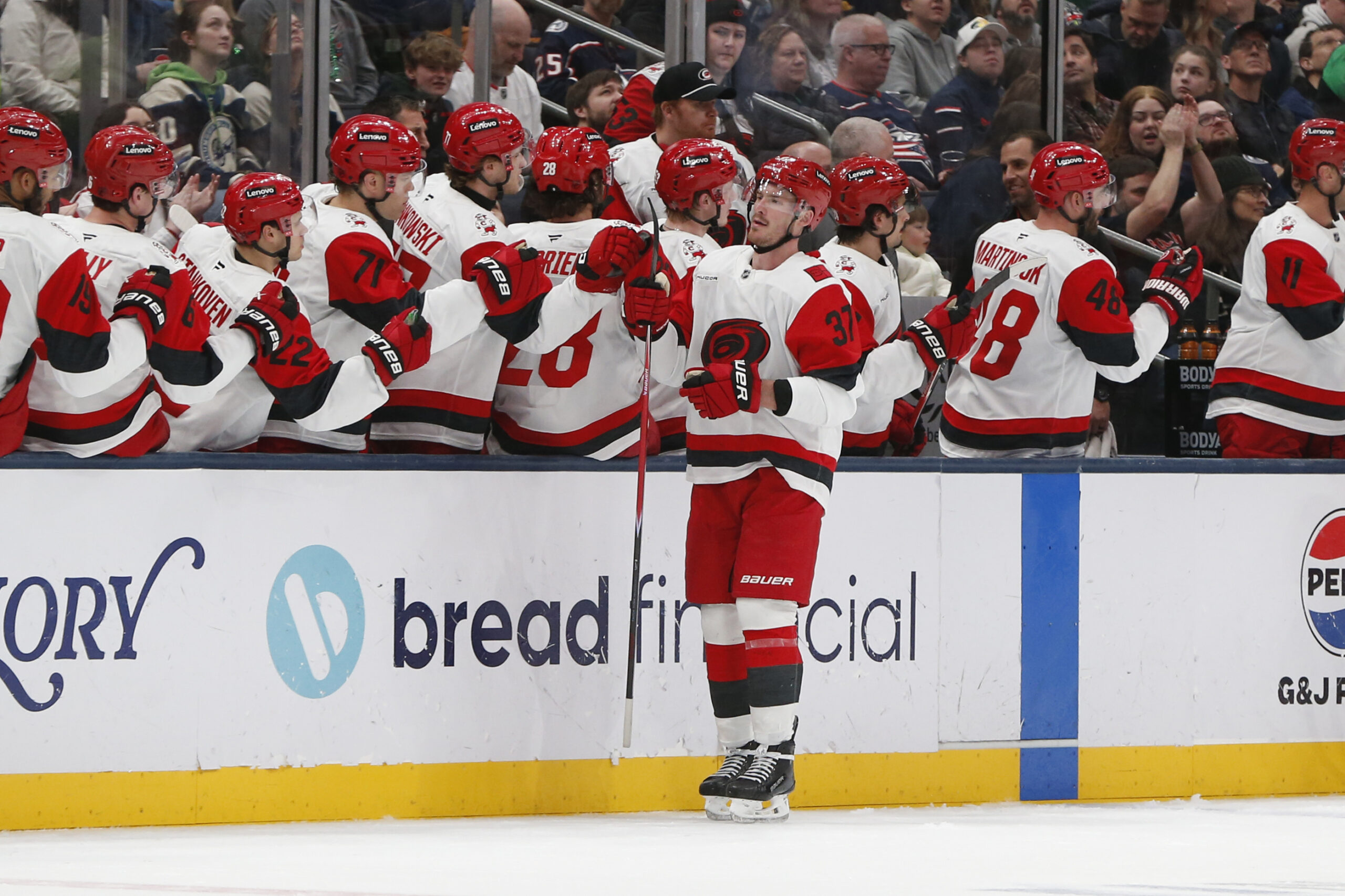Mar 17, 2026; Columbus, Ohio, USA; Carolina Hurricanes right wing Andrei Svechnikov (37) celebrates his goal against the Columbus Blue Jackets during the second period at Nationwide Arena. Mandatory Credit: Russell LaBounty-Imagn Images