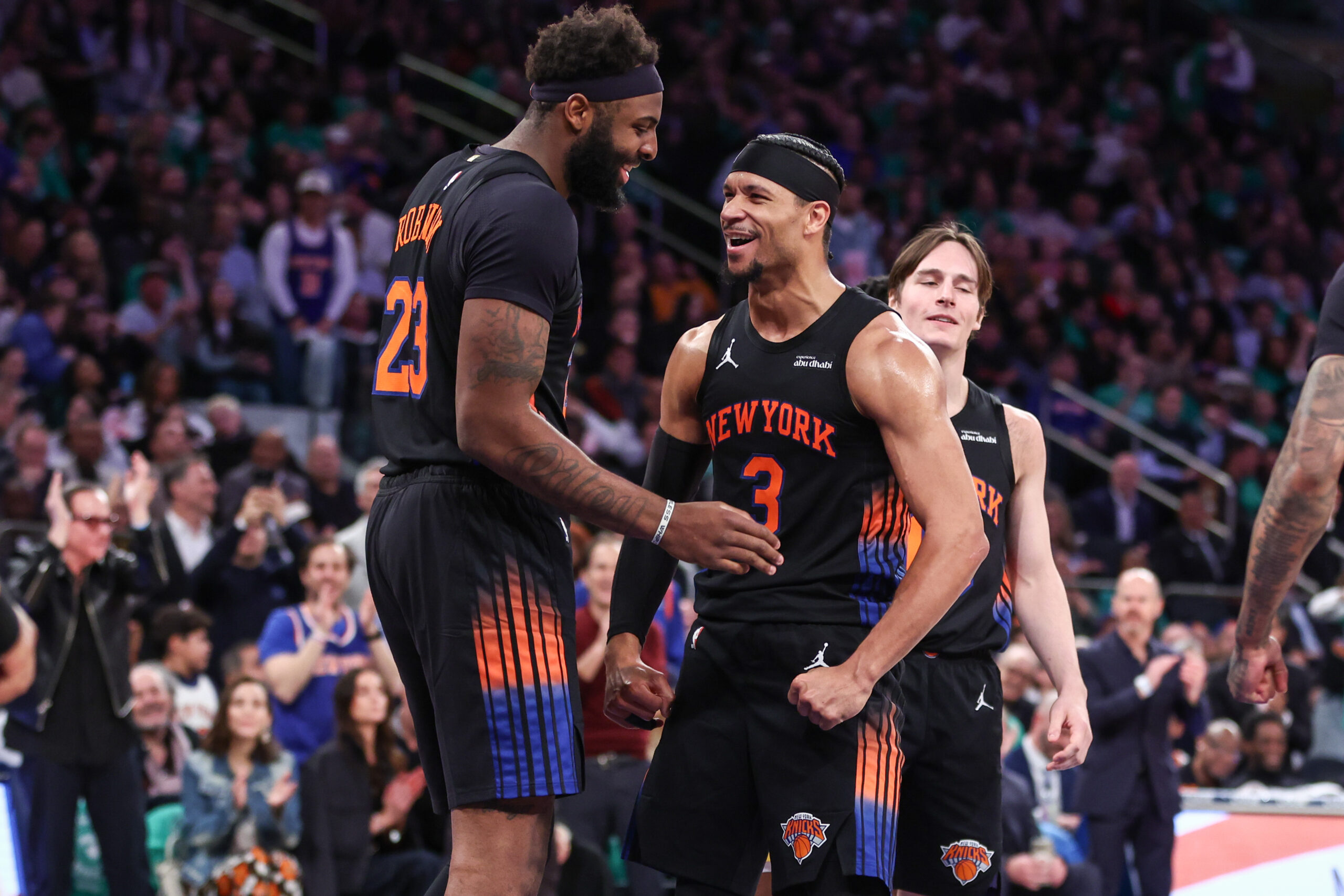 Mar 17, 2026; New York, New York, USA;  New York Knicks guard Josh Hart (3) celebrates center Mitchell Robinson (23) in the third quarter at Madison Square Garden. Mandatory Credit: Wendell Cruz-Imagn Images