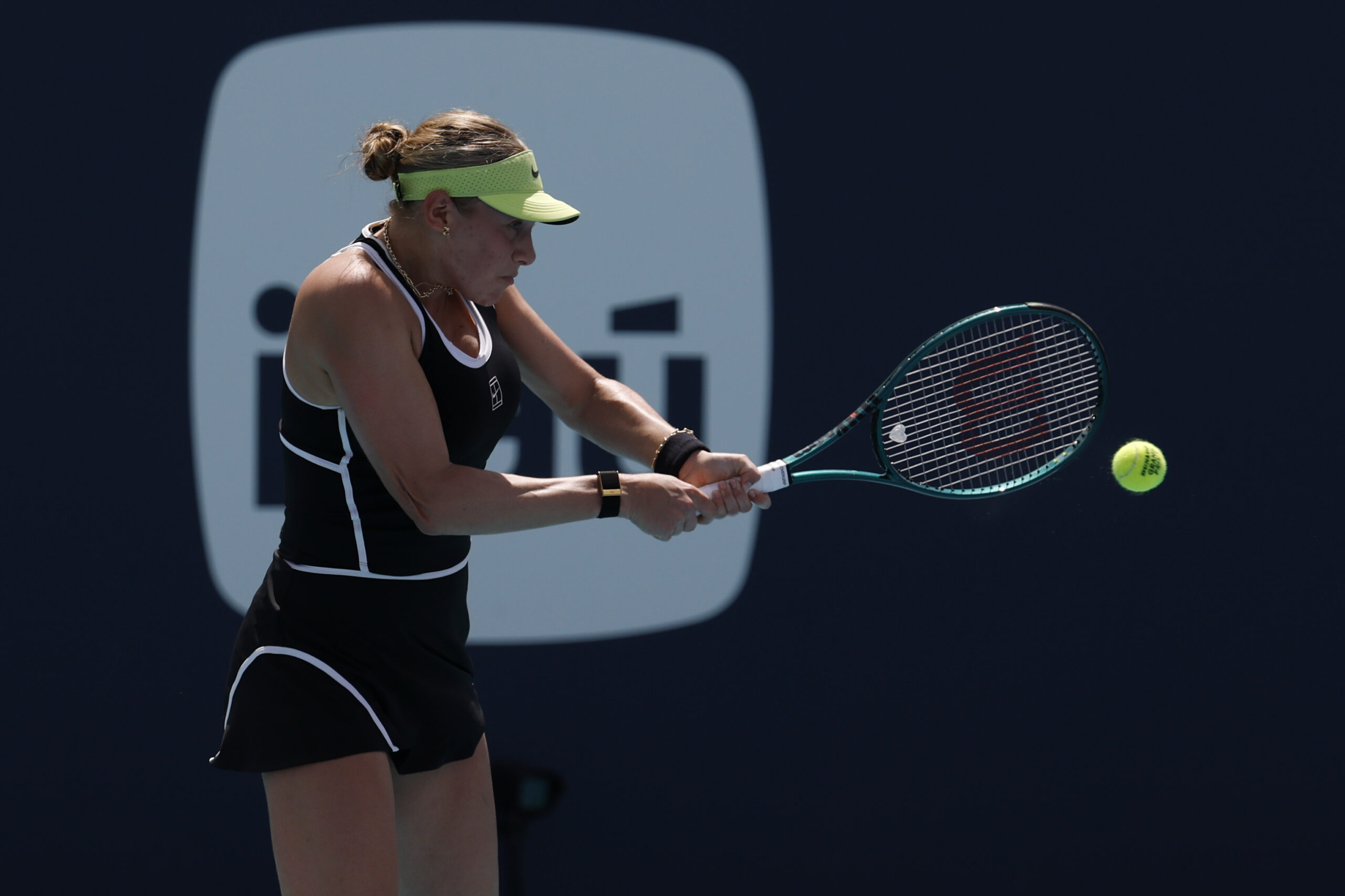 Mar 20, 2026; Miami Gardens, FL, USA; Amanda Anisimova (USA) hits a backhand against Ajla Tomljanovic (AUS) (not pictured) on day four of the 2026 Miami Open at Hard Rock Stadium. Mandatory Credit: Geoff Burke-Imagn Images