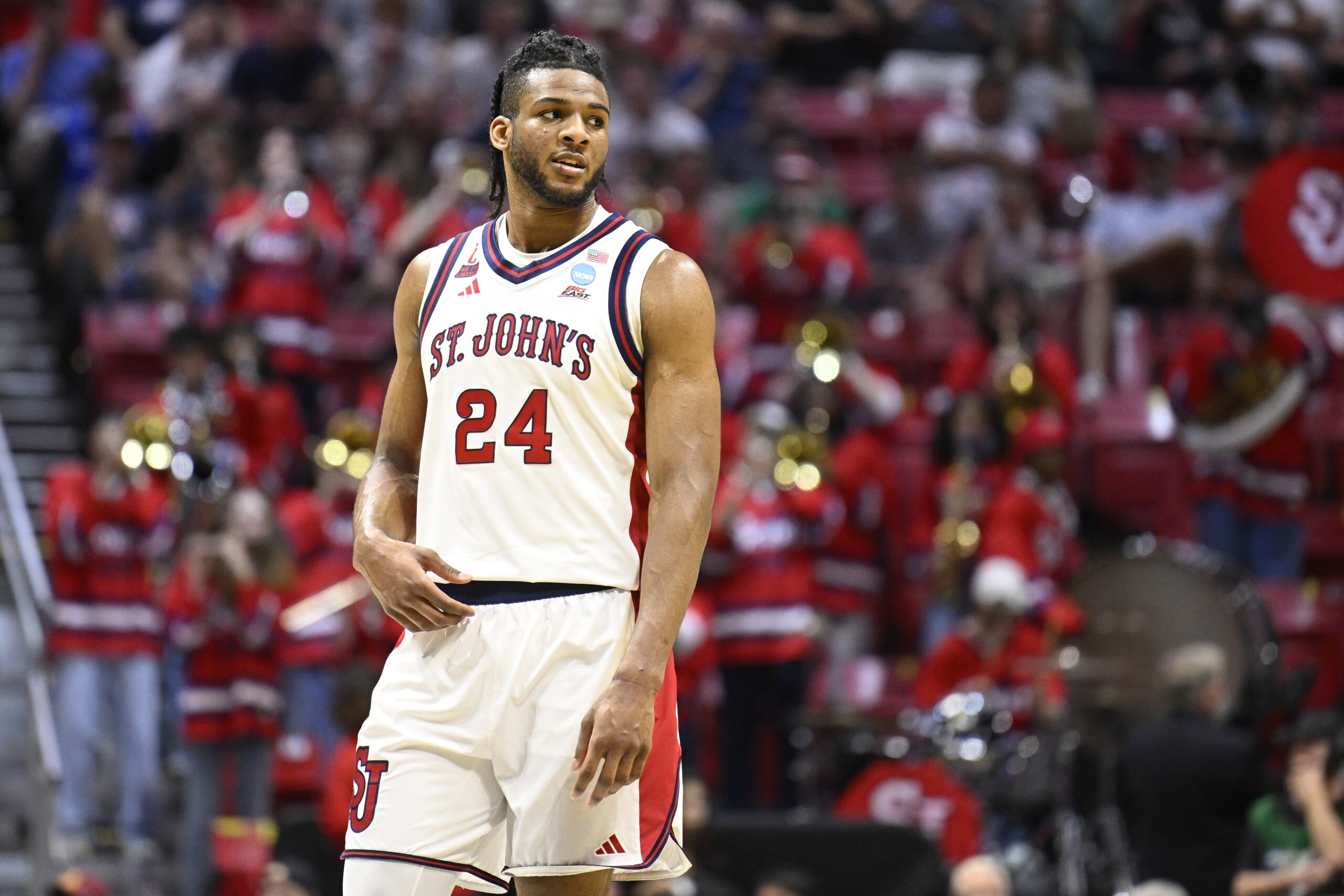 Mar 20, 2026; San Diego, CA, USA; St. John's Red Storm forward Zuby Ejiofor (24) looks on in the first half against the Northern Iowa Panthers during a first round game of the men's 2026 NCAA Tournament at Viejas Arena. Mandatory Credit: Denis Poroy-Imagn Images