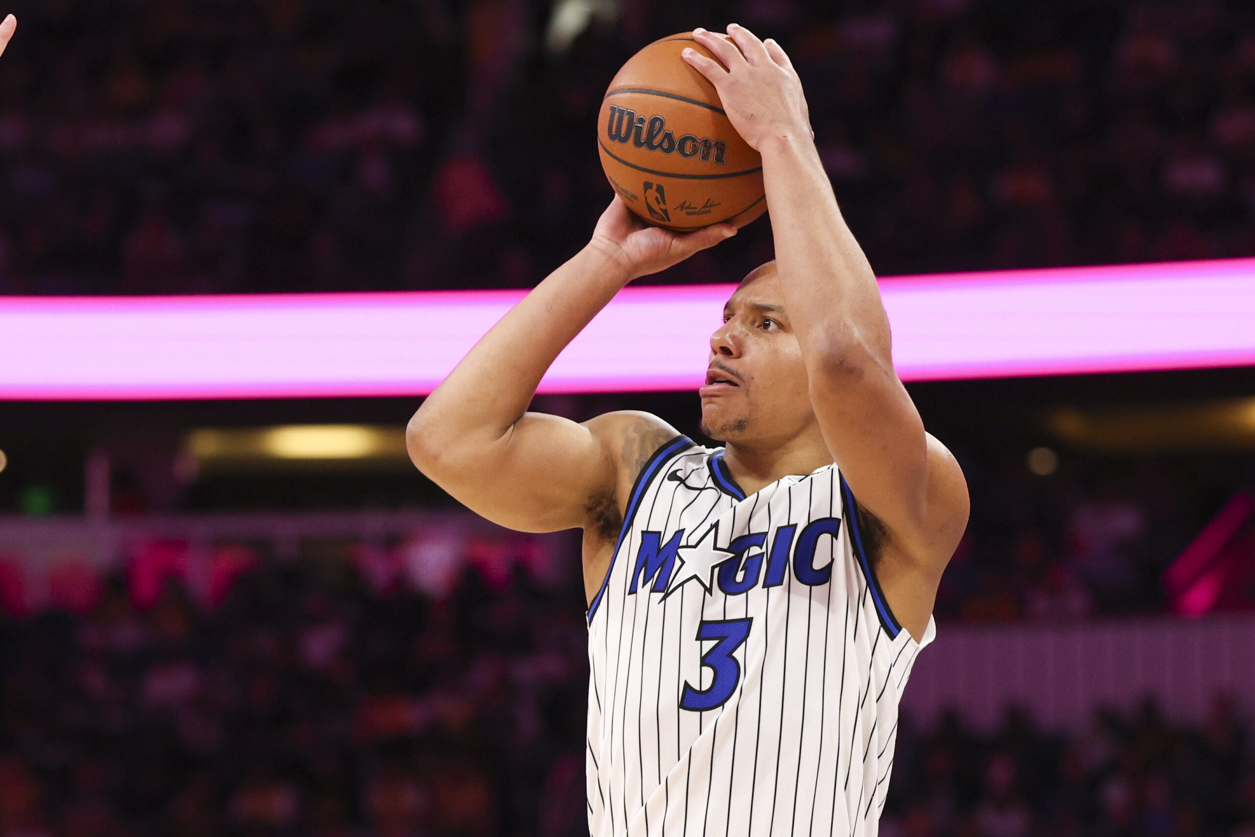 Mar 21, 2026; Orlando, Florida, USA; Orlando Magic guard Desmond Bane (3) shoots the ball against the Los Angeles Lakers in the fourth quarter at Kia Center. Mandatory Credit: Nathan Ray Seebeck-Imagn Images
