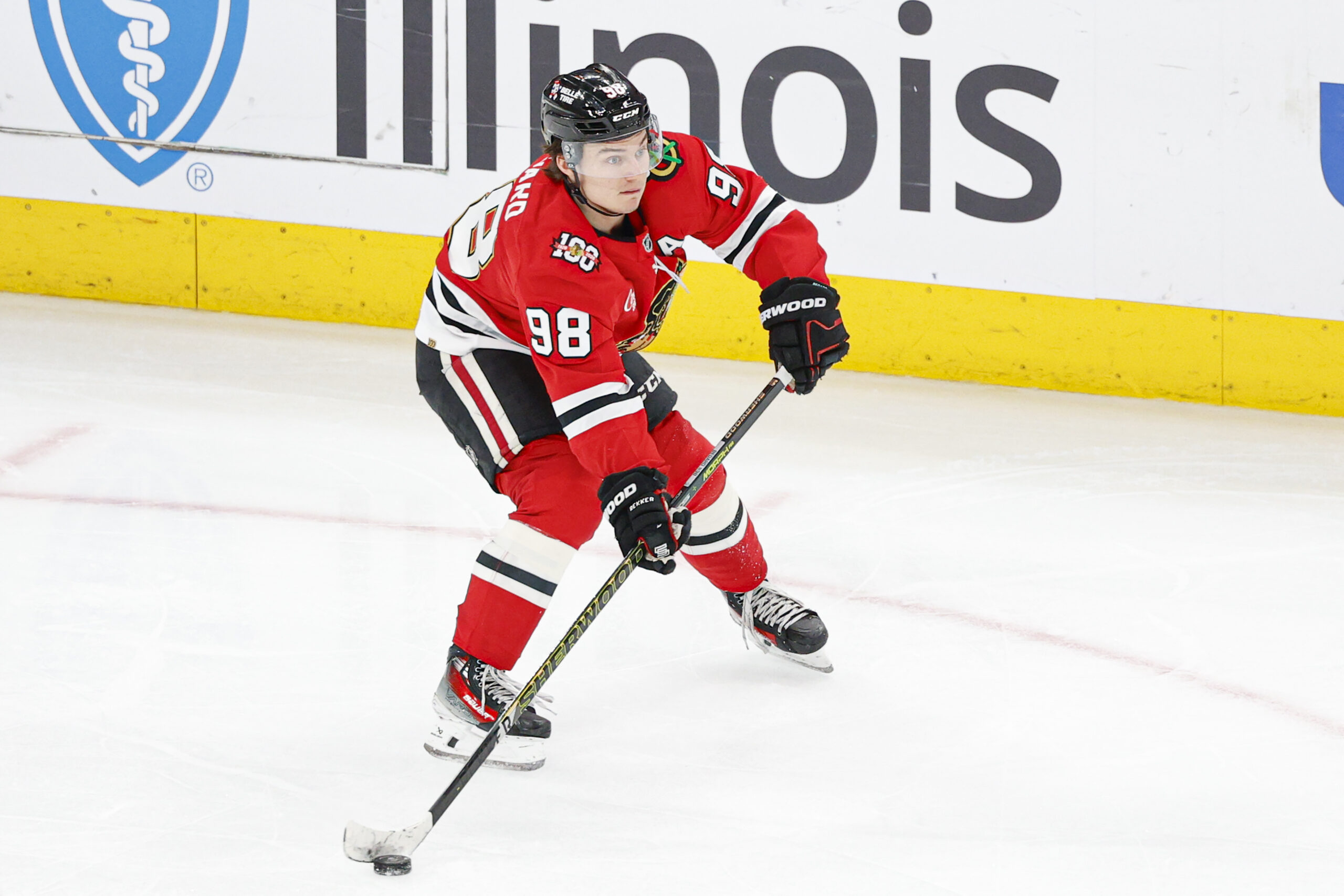 Mar 22, 2026; Chicago, Illinois, USA; Chicago Blackhawks center Connor Bedard (98) looks to pass the puck against the Nashville Predators during the third period at United Center. Mandatory Credit: Kamil Krzaczynski-Imagn Images