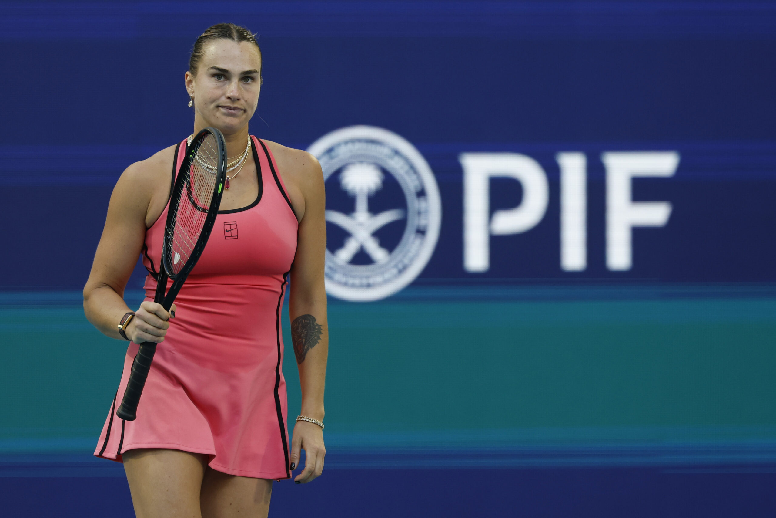 Mar 23, 2026; Miami Gardens, FL, USA; Aryna Sabalenka reacts after match point against Qinwen Zheng (CHN) (not pictured) on day 7 of the 2026 Miami Open at Hard Rock Stadium. Mandatory Credit: Geoff Burke-Imagn Images