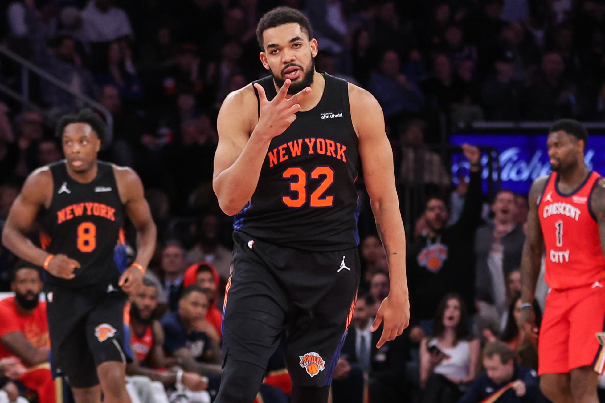 Mar 24, 2026; New York, New York, USA;  New York Knicks center Karl-Anthony Towns (32) gestures after scoring in the third quarter against the New Orleans Pelicans at Madison Square Garden. Mandatory Credit: Wendell Cruz-Imagn Images