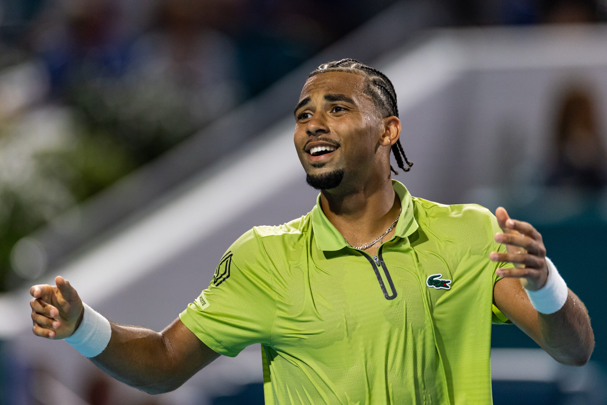 Mar 25, 2026; Miami Gardens, FL, USA;  Arthur Fils of France reacts against Tommy Paul of the United States after beating him in the quarter finals of the men’s singles at the Miami Open at Hard Rock Stadium. Mandatory Credit: Mike Frey-Imagn Images