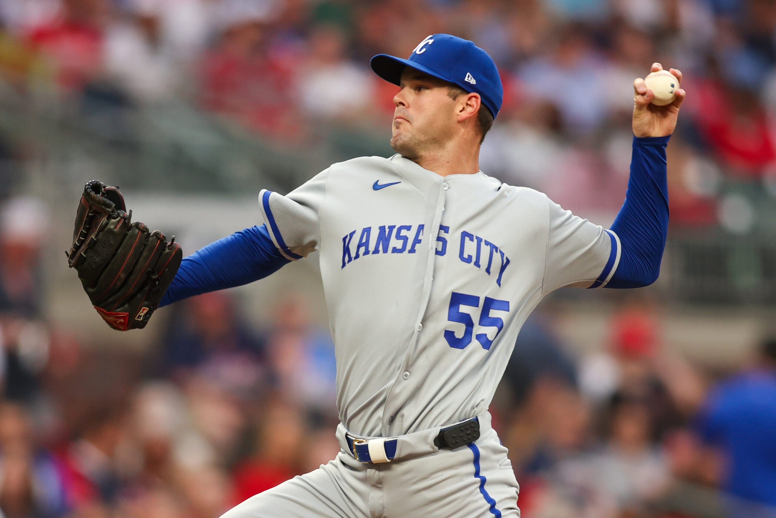 Mar 27, 2026; Atlanta, Georgia, USA; Kansas City Royals pitcher Cole Ragans (55) throws against the Atlanta Braves in the first inning at Truist Park. Mandatory Credit: Brett Davis-Imagn Images