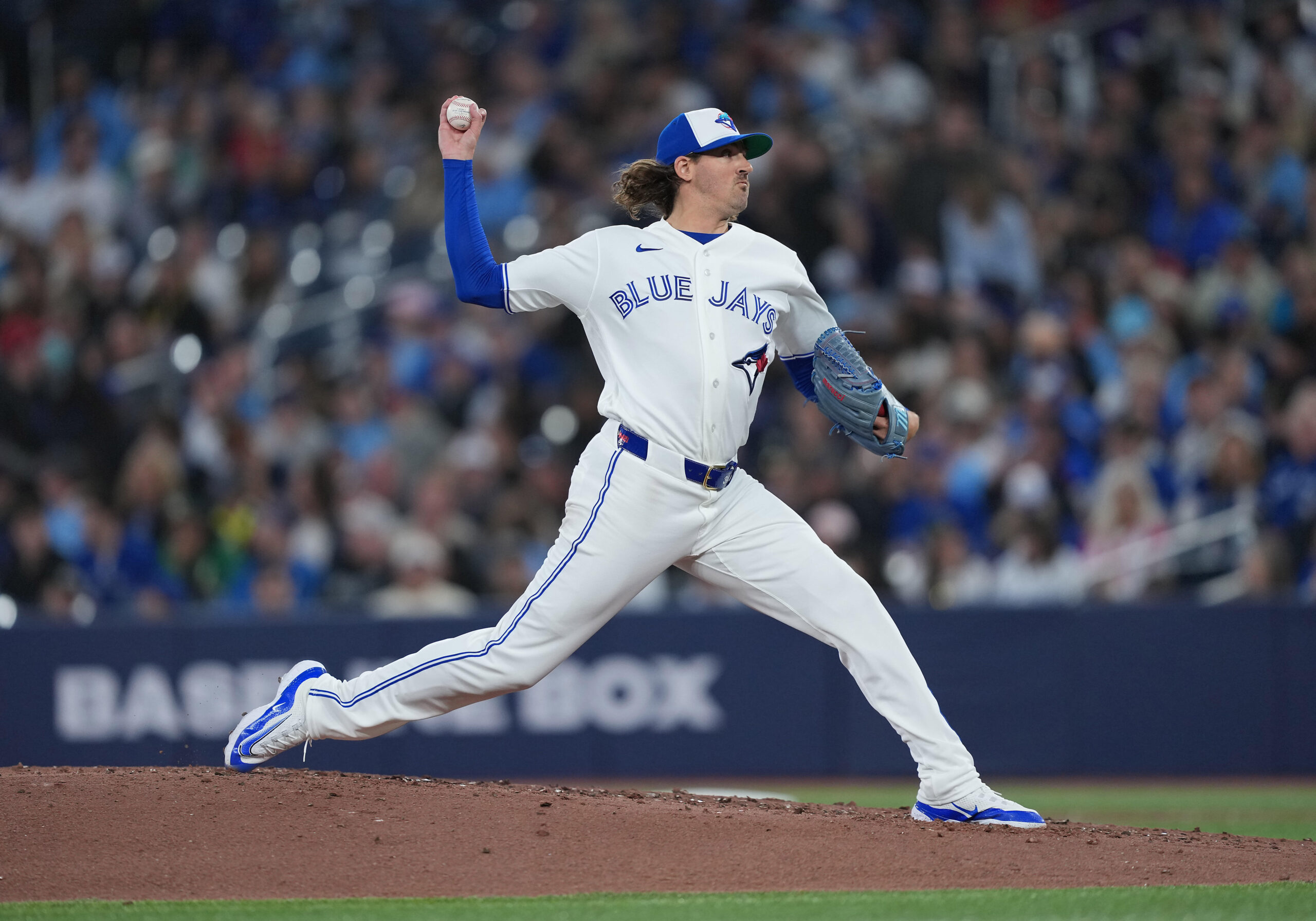 Mar 27, 2026; Toronto, Ontario, CAN; Toronto Blue Jays starting pitcher Kevin Gausman (34) throws a pitch against the Athletics during the fourth inning at Rogers Centre. Mandatory Credit: Nick Turchiaro-Imagn Images