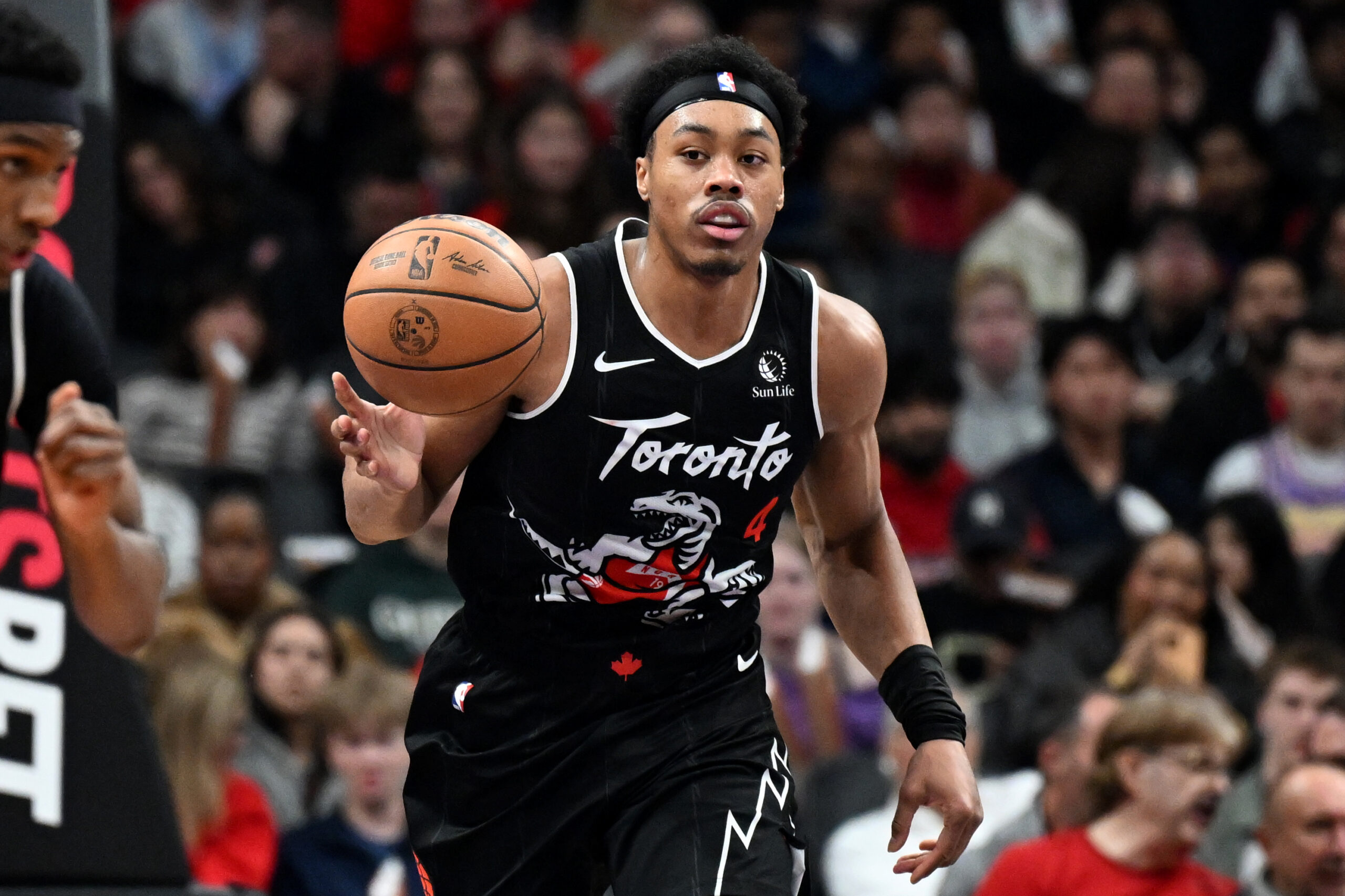 Mar 27, 2026; Toronto, Ontario, CAN;   Toronto Raptors forward Scottie Barnes (4) dribbles against the New Orleans Pelicans in the second half at Scotiabank Arena. Mandatory Credit: Dan Hamilton-Imagn Images