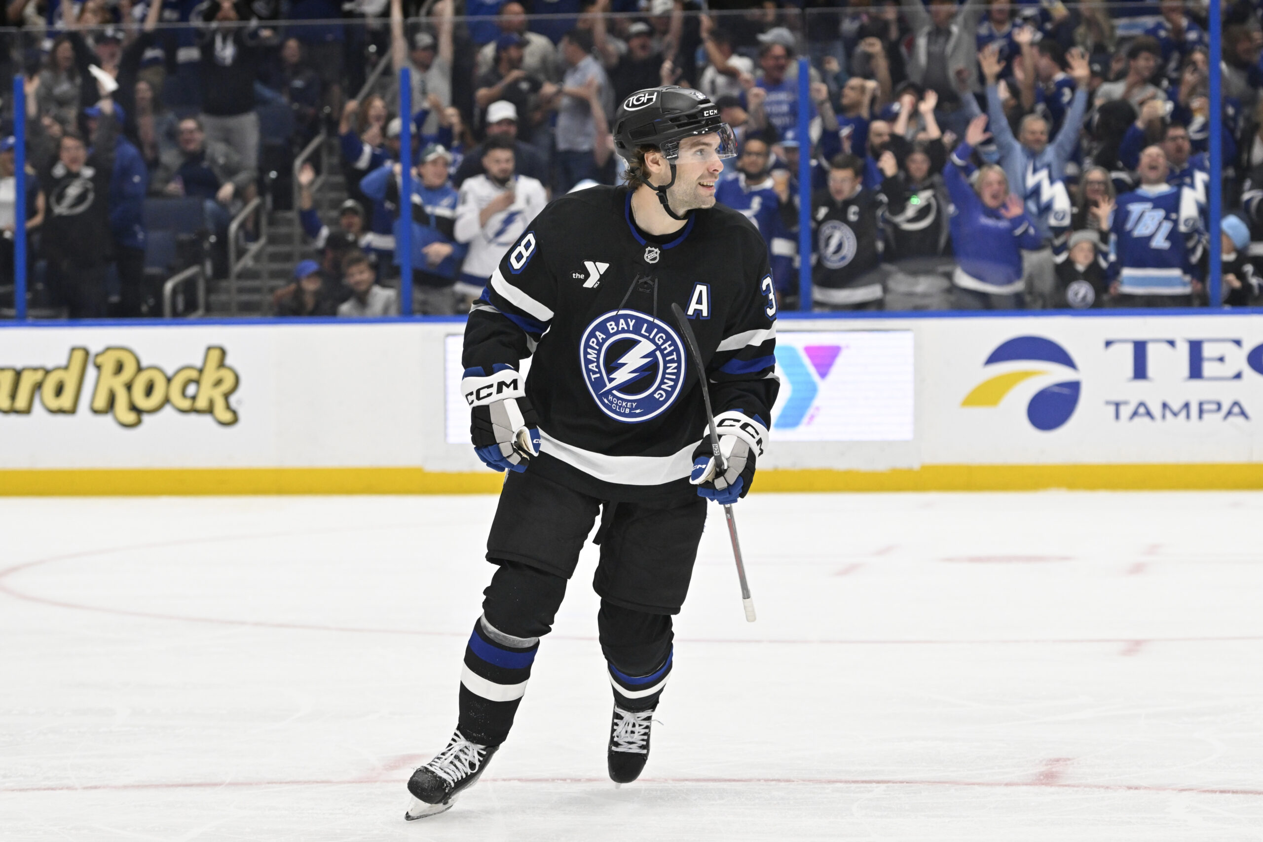 Mar 28, 2026; Tampa, Florida, USA; Tampa Bay left wing Brandon Hagel (38) skates during the third period against Ottawa Senators at Benchmark International Arena. Mandatory Credit: Pablo Robles-Imagn Images